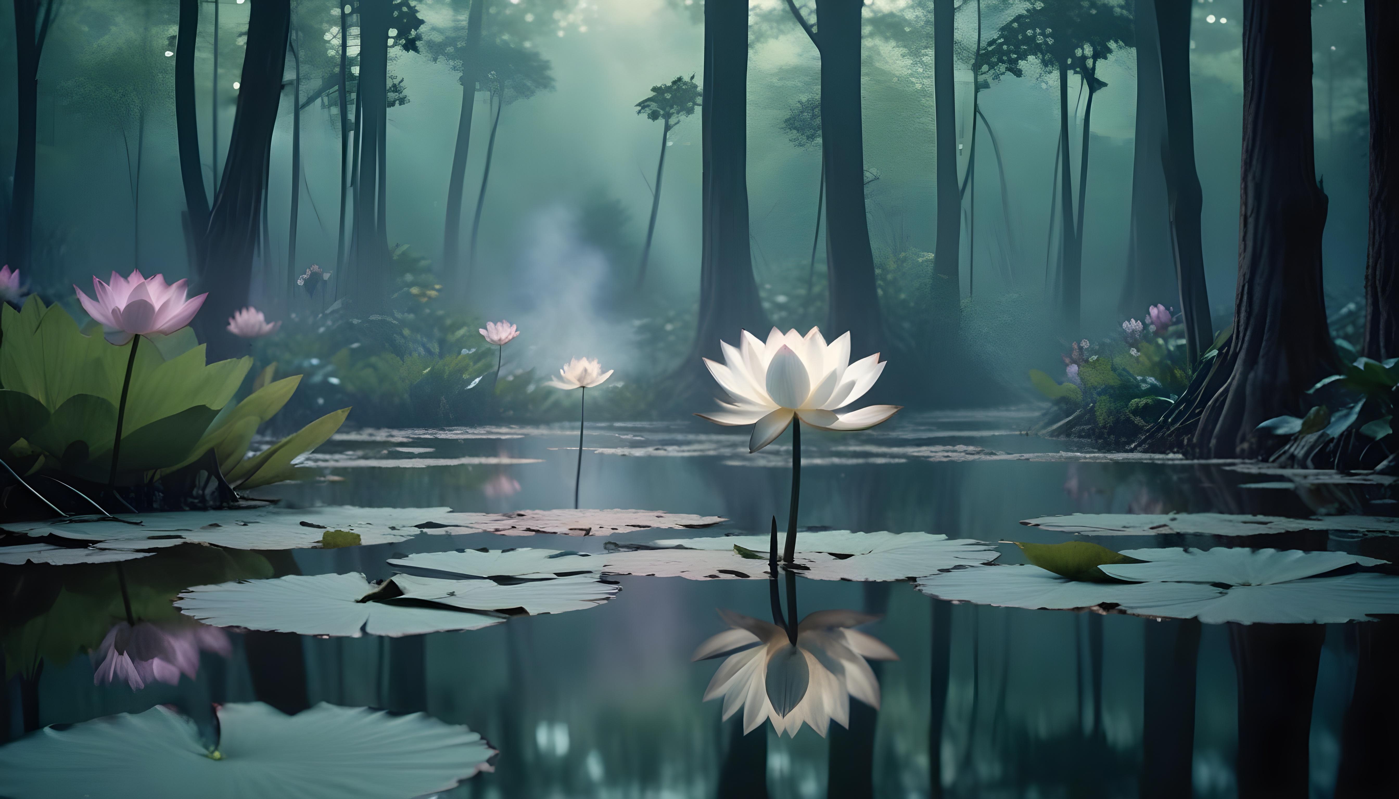 Mystical Lotus Flower on Serene Lake with Foggy Forest Landscape Background