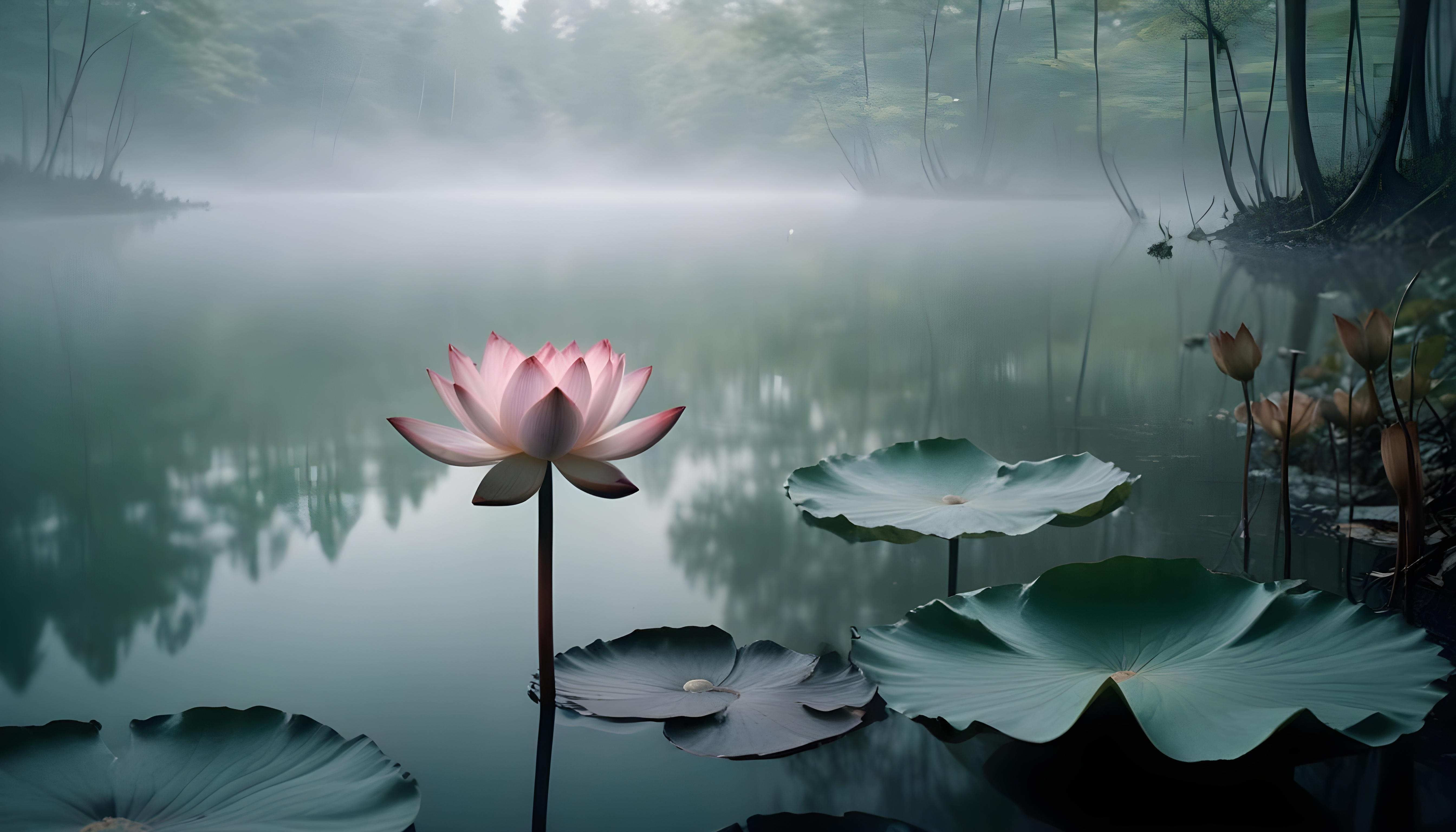 Mystical Lotus Flower on Serene Lake with Foggy Forest Landscape Background