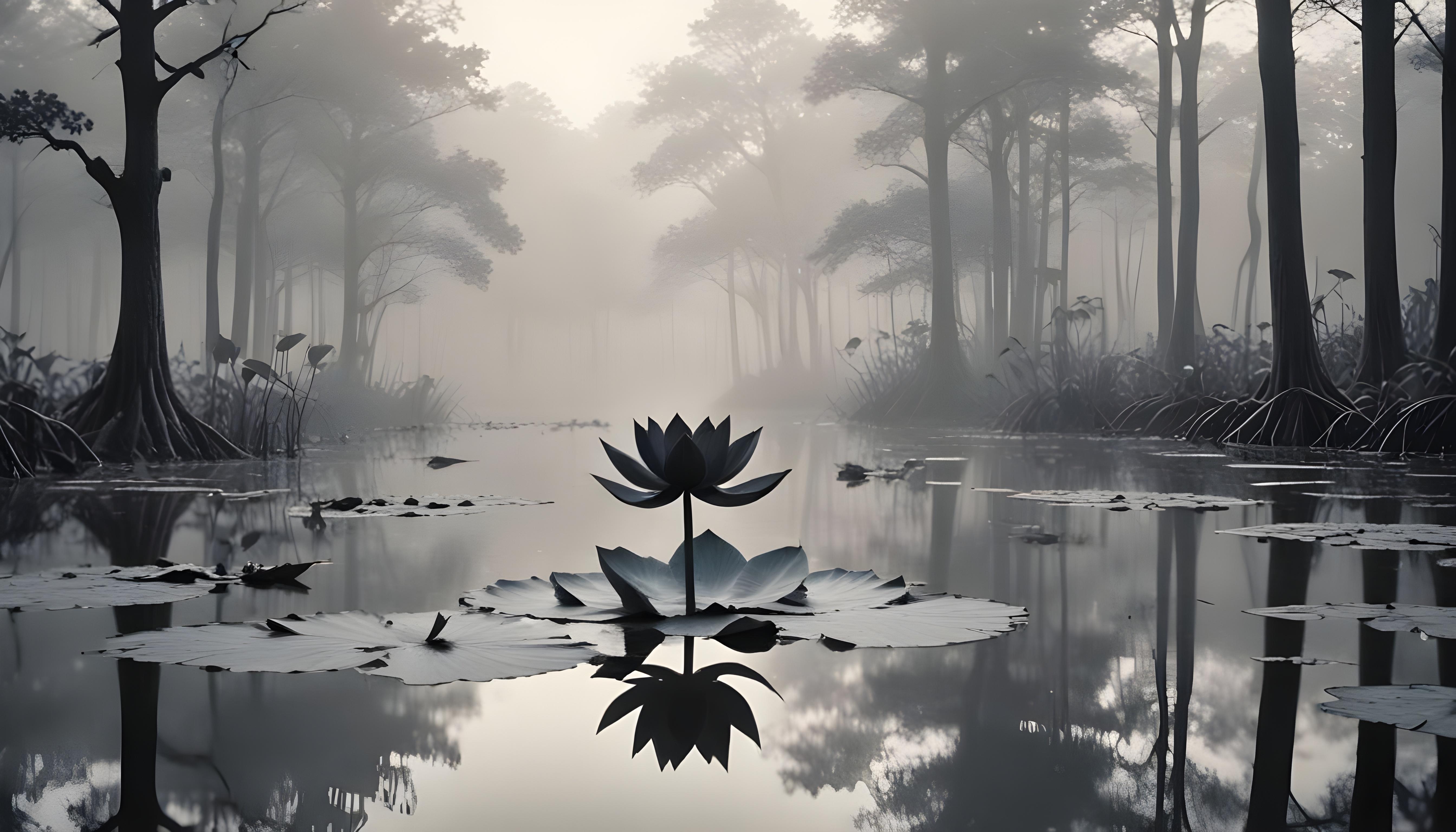 Mystical Lotus Flower on Serene Lake with Foggy Forest Landscape Background