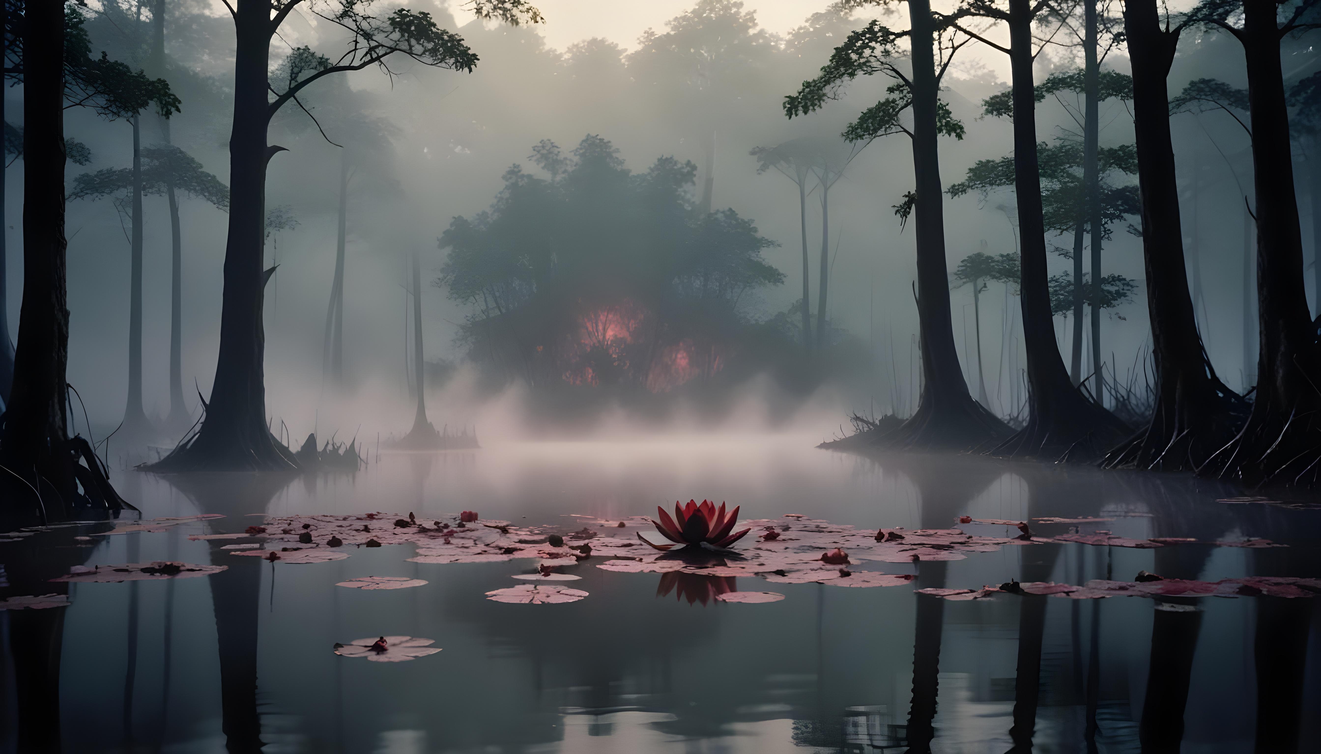 Mystical Lotus Flower on Serene Lake with Foggy Forest Landscape Background