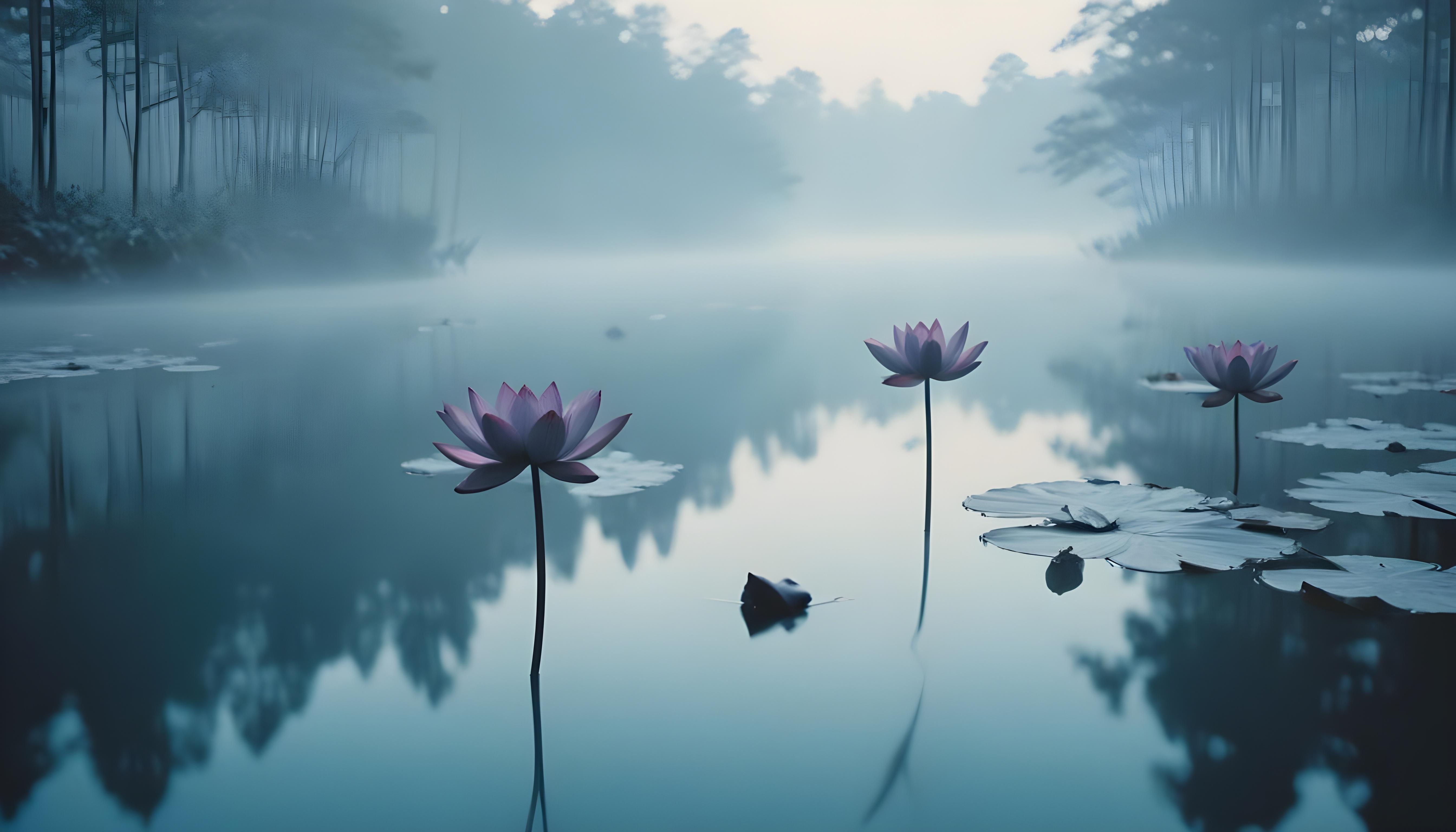 Mystical Lotus Flower on Serene Lake with Foggy Forest Landscape Background