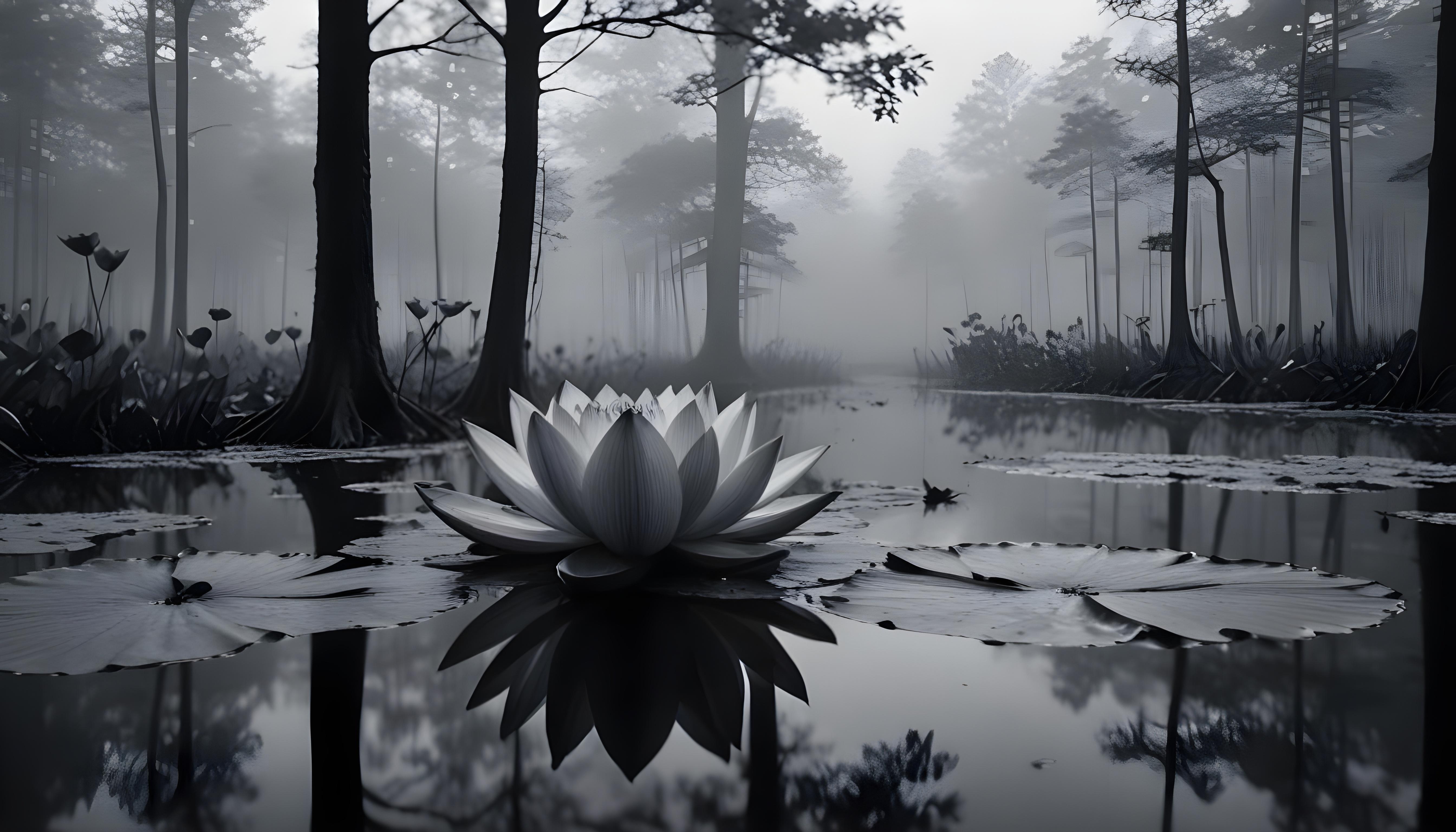 Mystical Lotus Flower on Serene Lake with Foggy Forest Landscape Background