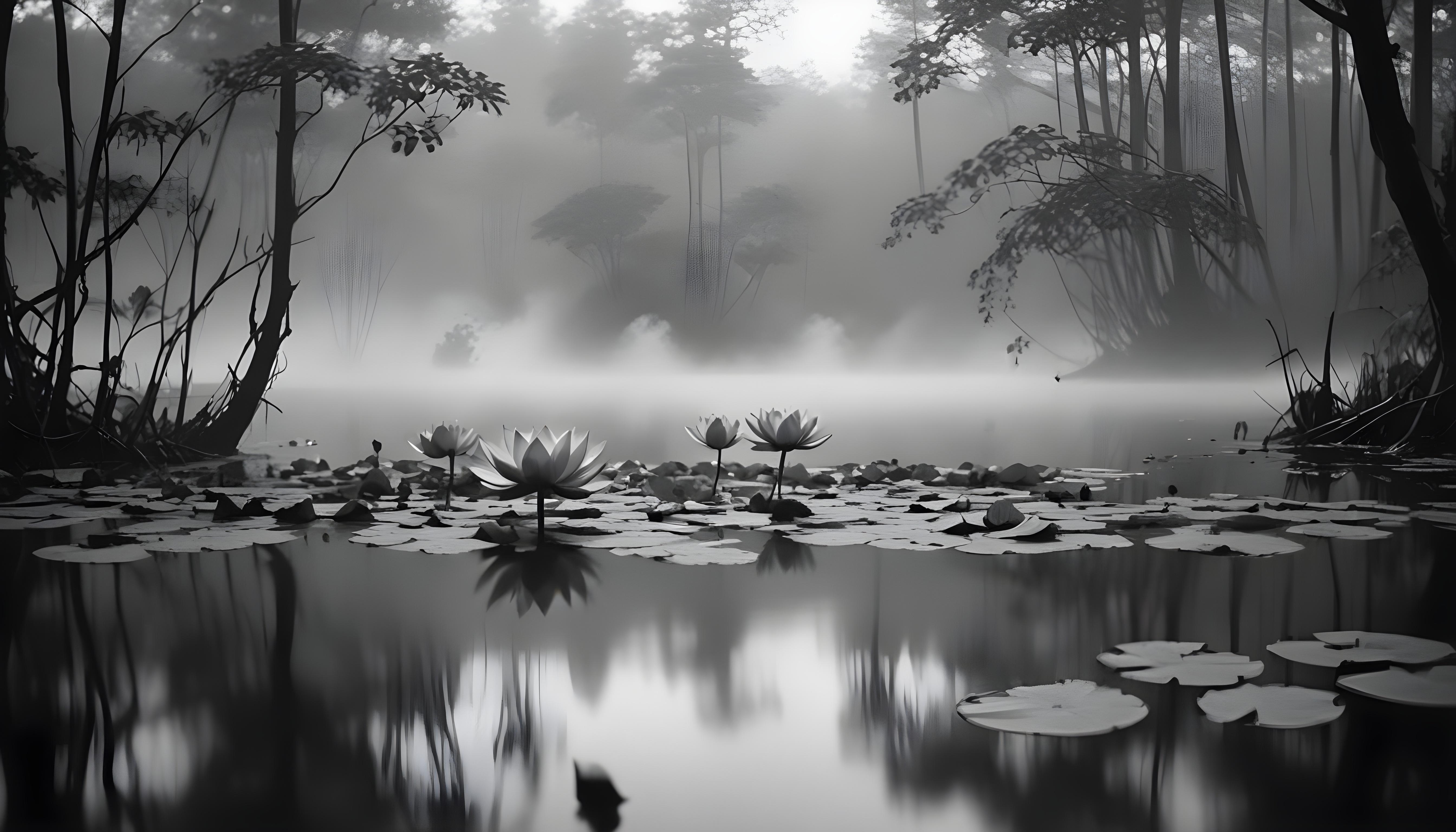 Mystical Lotus Flower on Serene Lake with Foggy Forest Landscape Background