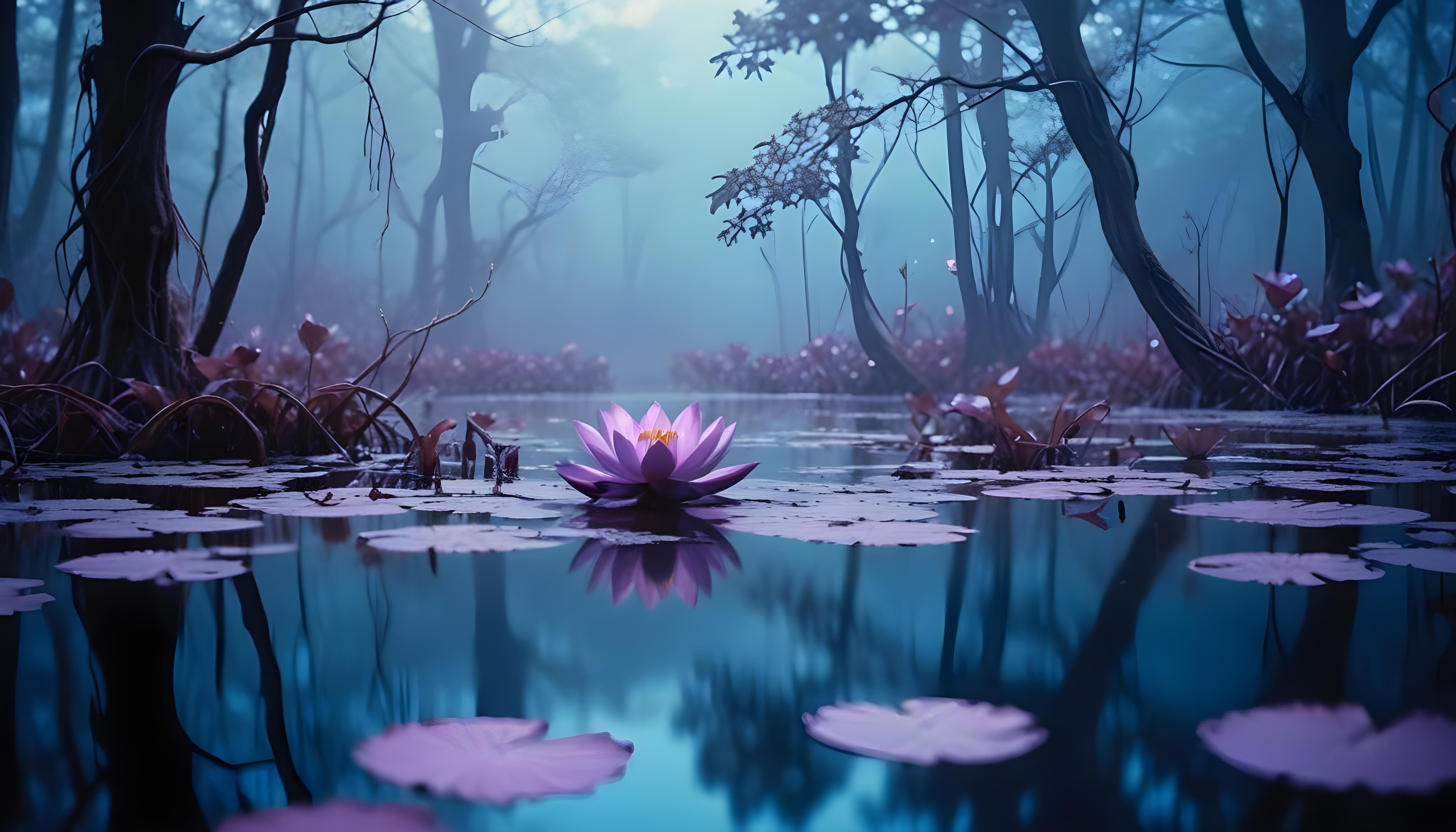 Mystical Lotus Flower on Serene Lake with Foggy Forest Landscape Background