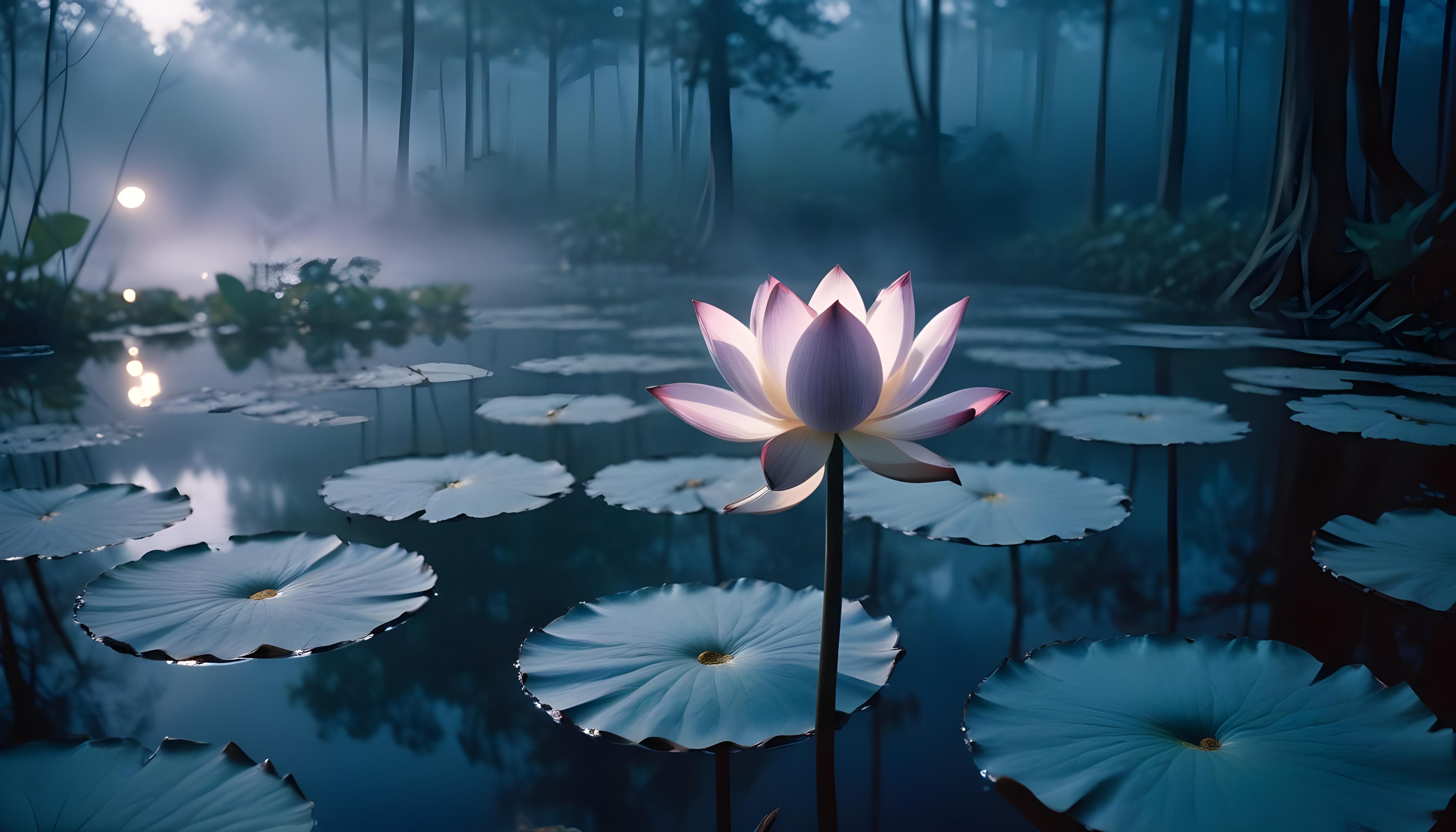 Mystical Lotus Flower on Serene Lake with Foggy Forest Landscape Background