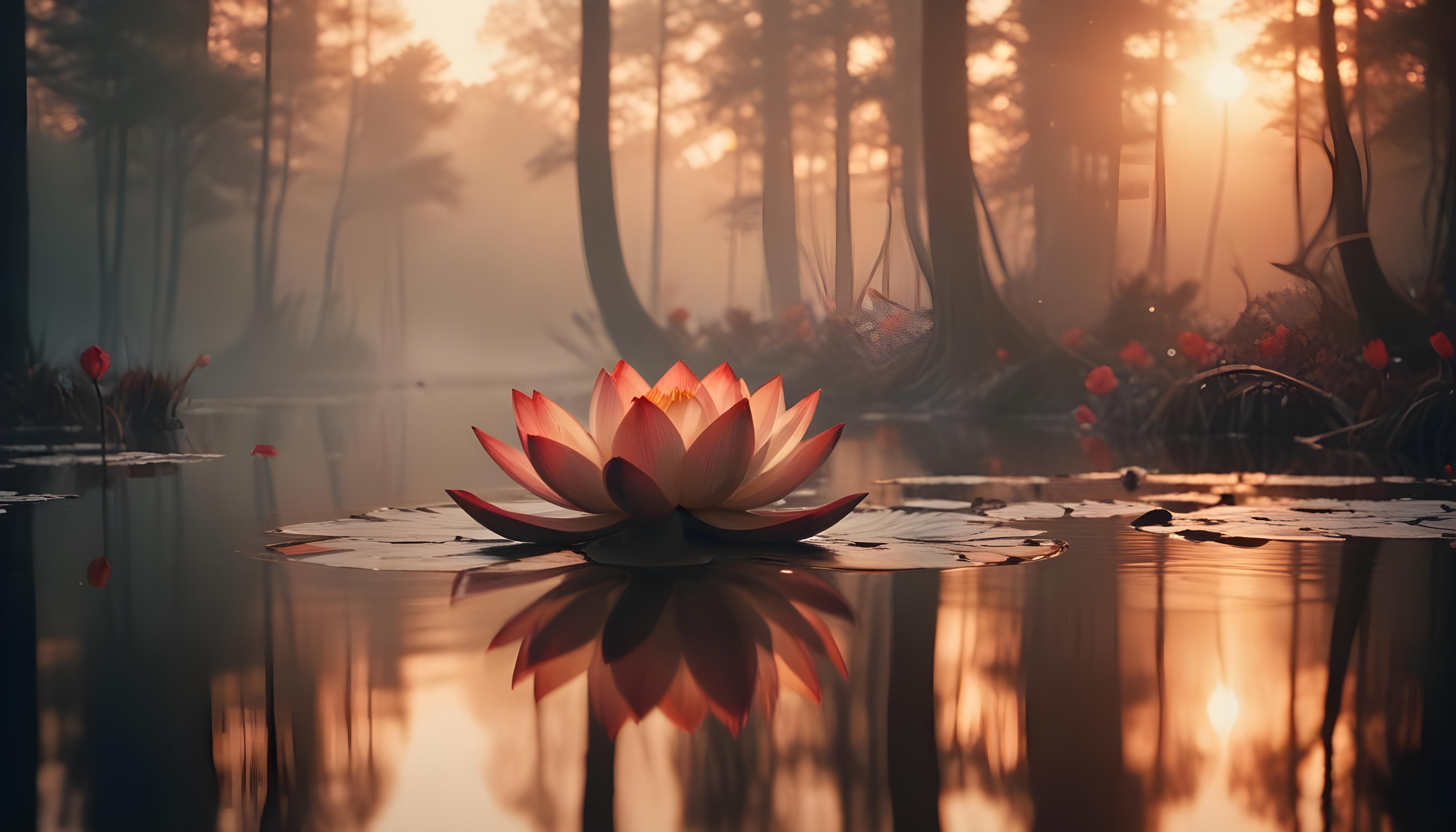 Mystical Lotus Flower on Serene Lake with Foggy Forest Landscape Background