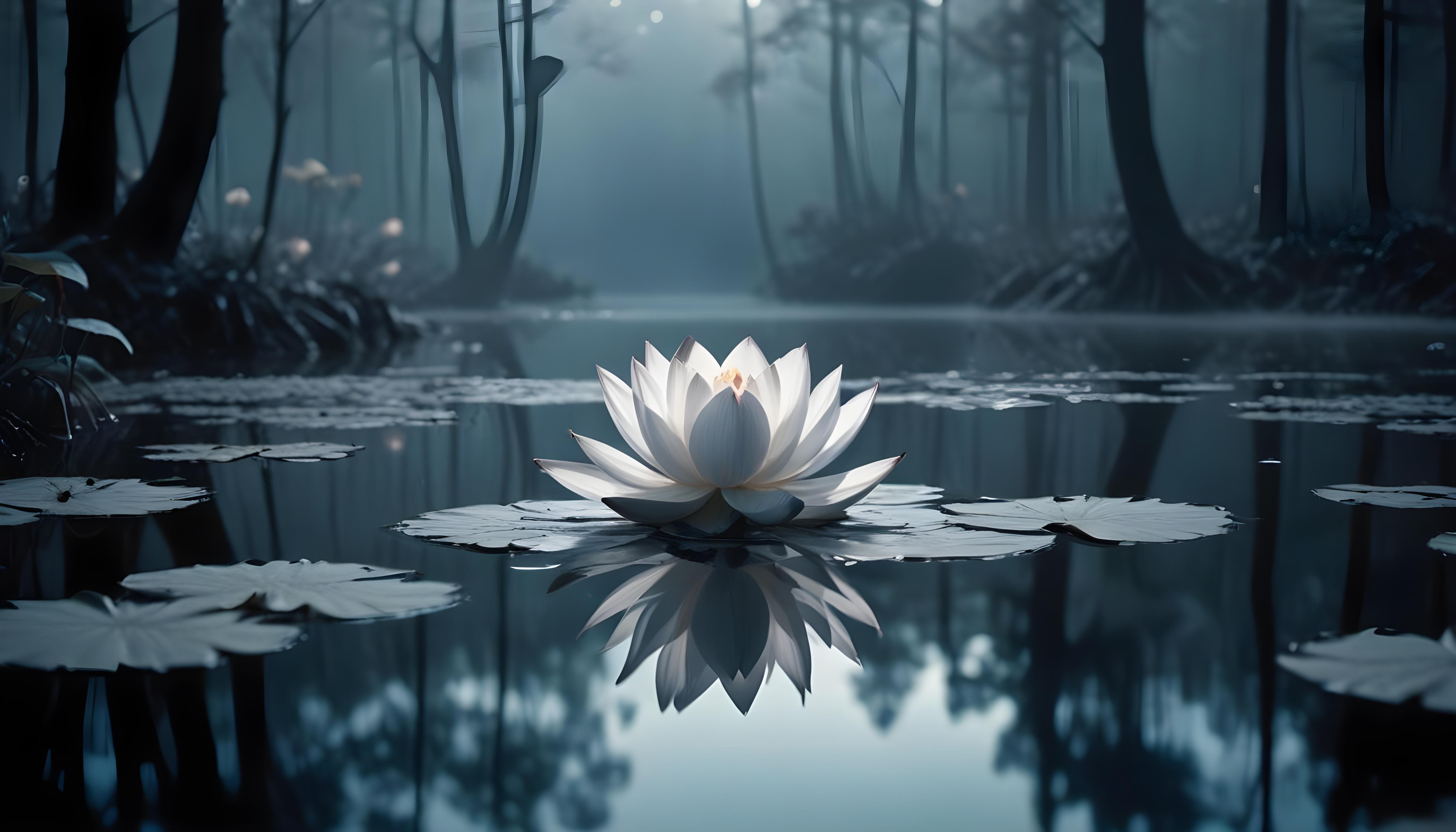 Mystical Lotus Flower on Serene Lake with Foggy Forest Landscape Background