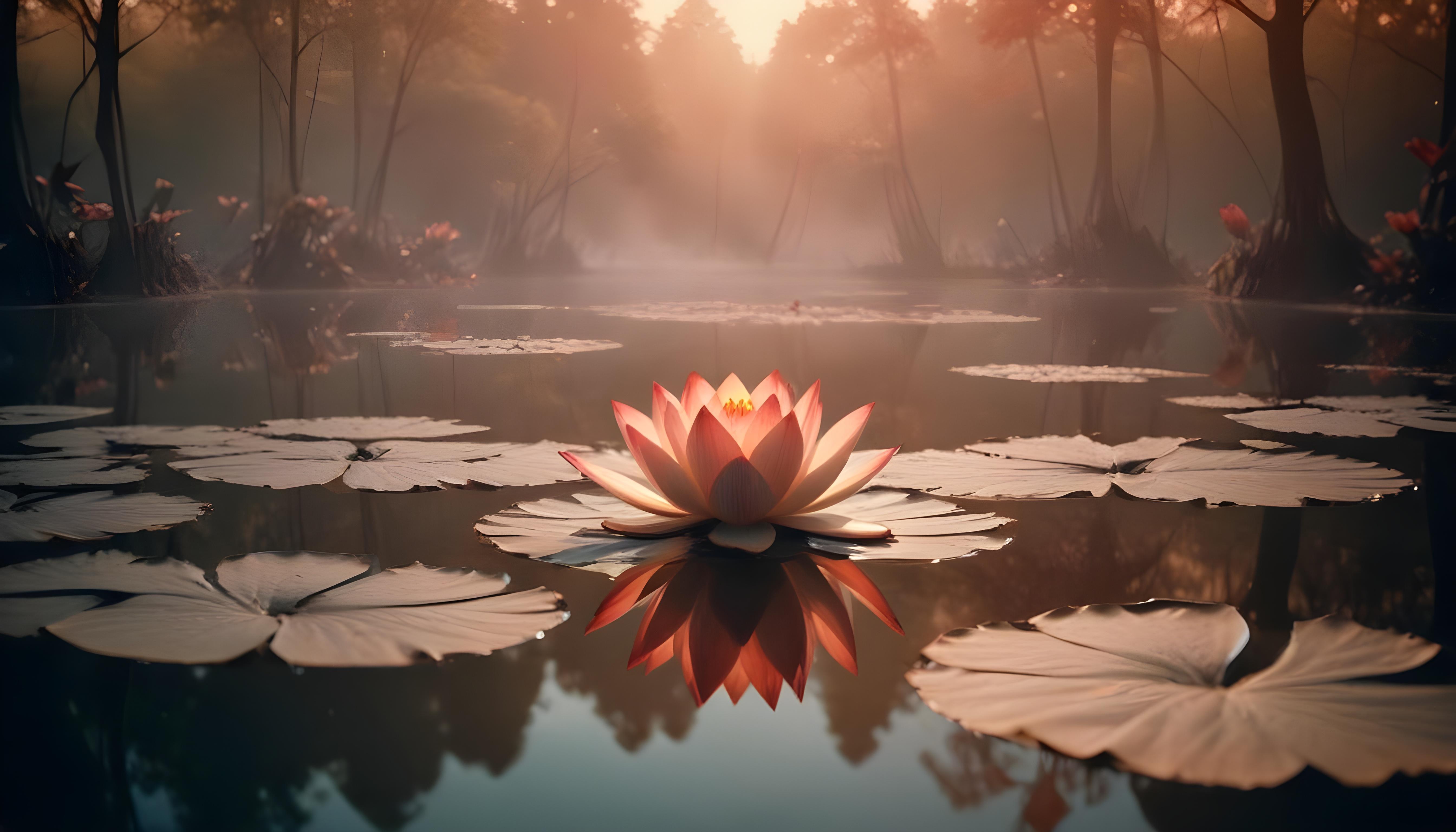 Mystical Lotus Flower on Serene Lake with Foggy Forest Landscape Background