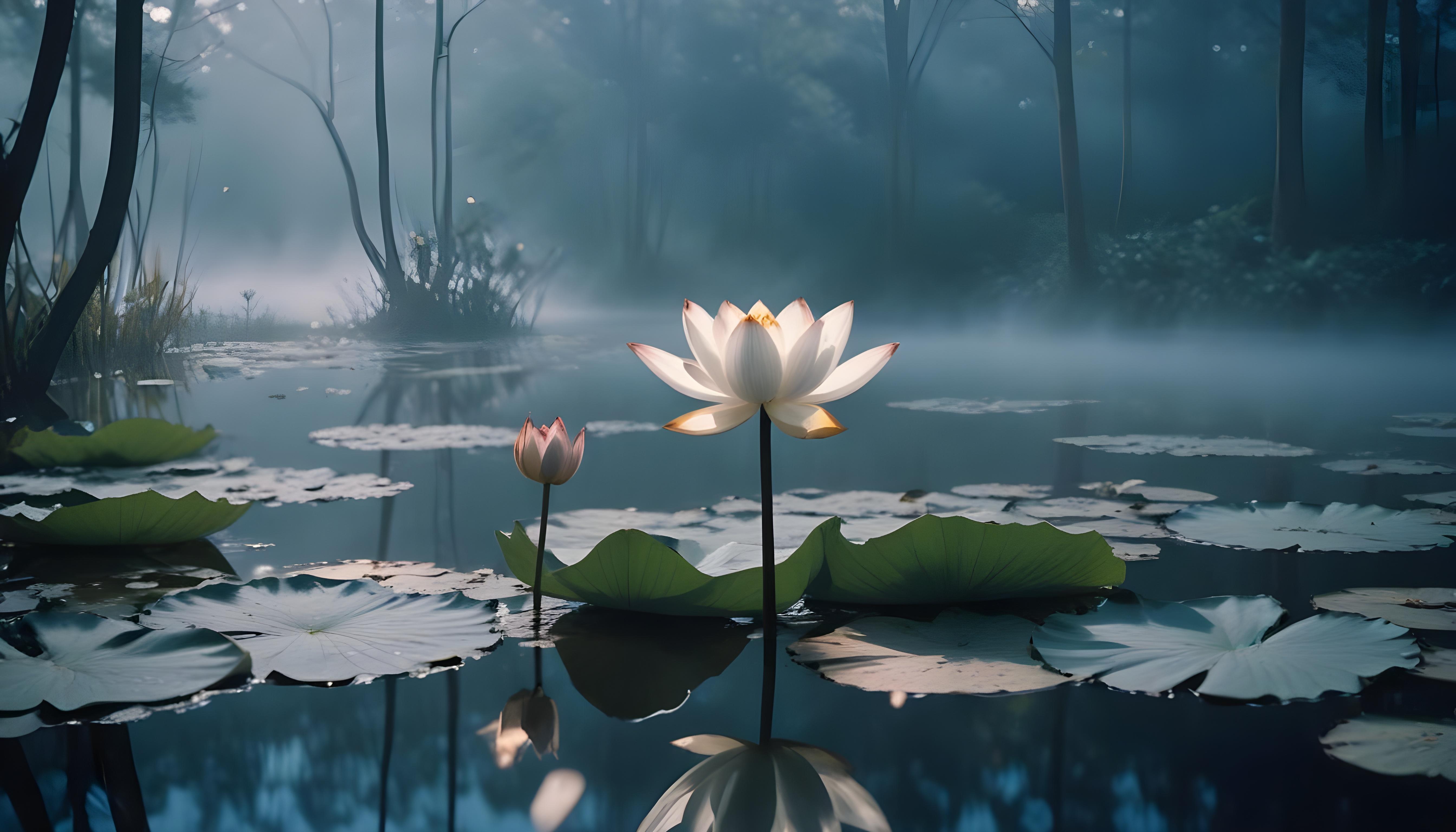 Mystical Lotus Flower on Serene Lake with Foggy Forest Landscape Background