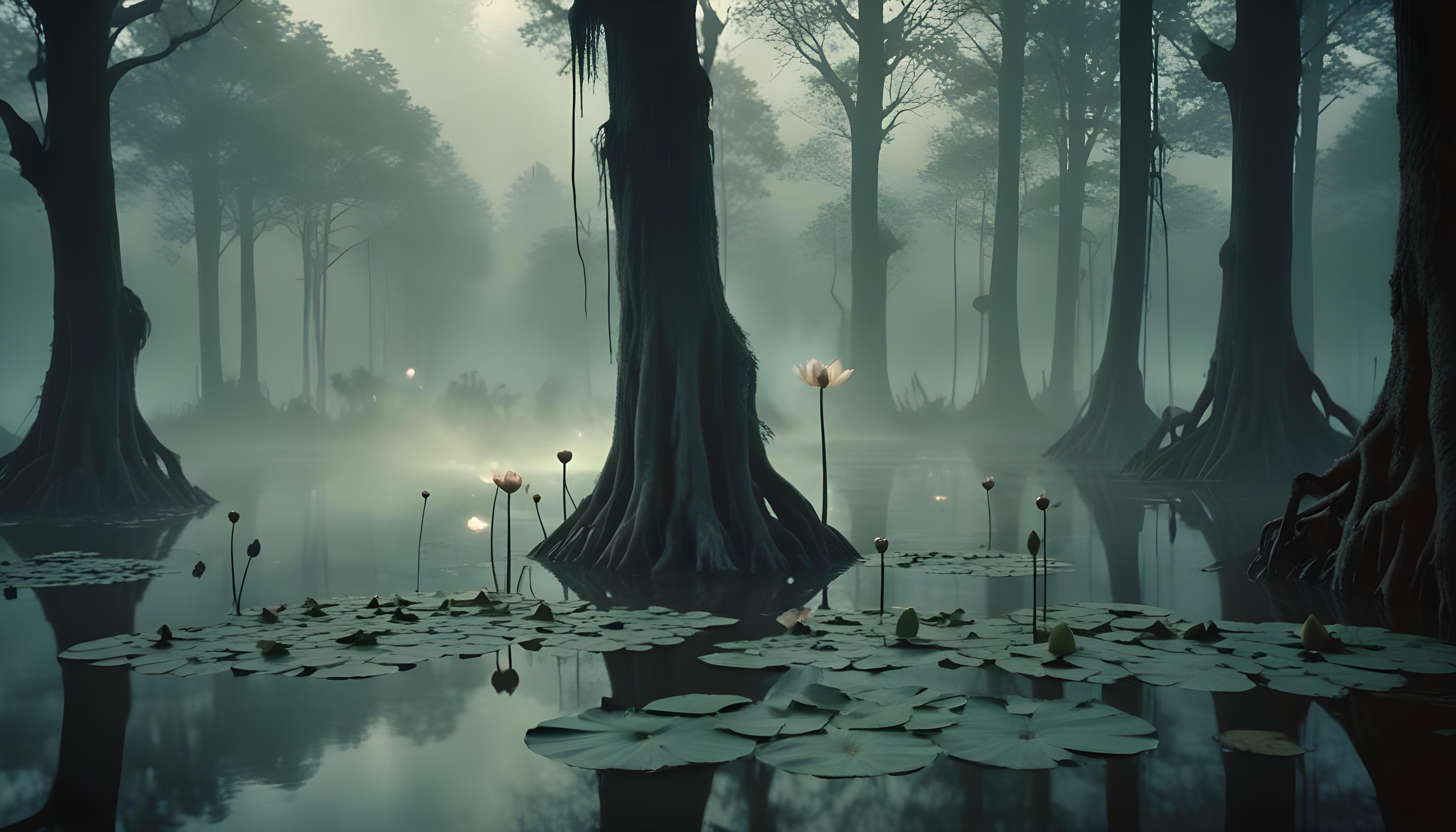 Mystical Lotus Flower on Serene Lake with Foggy Forest Landscape Background