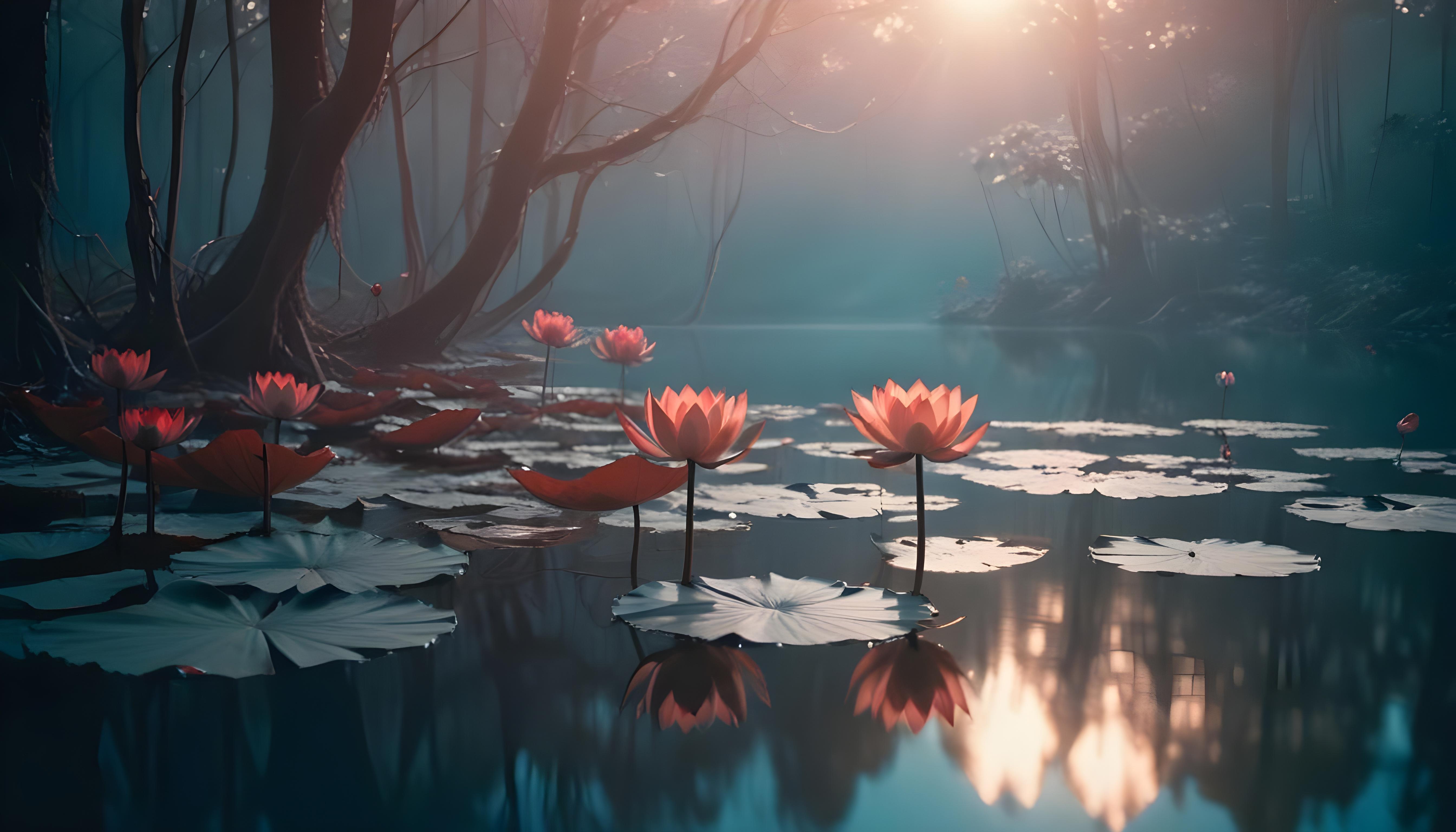 Mystical Lotus Flower on Serene Lake with Foggy Forest Landscape Background
