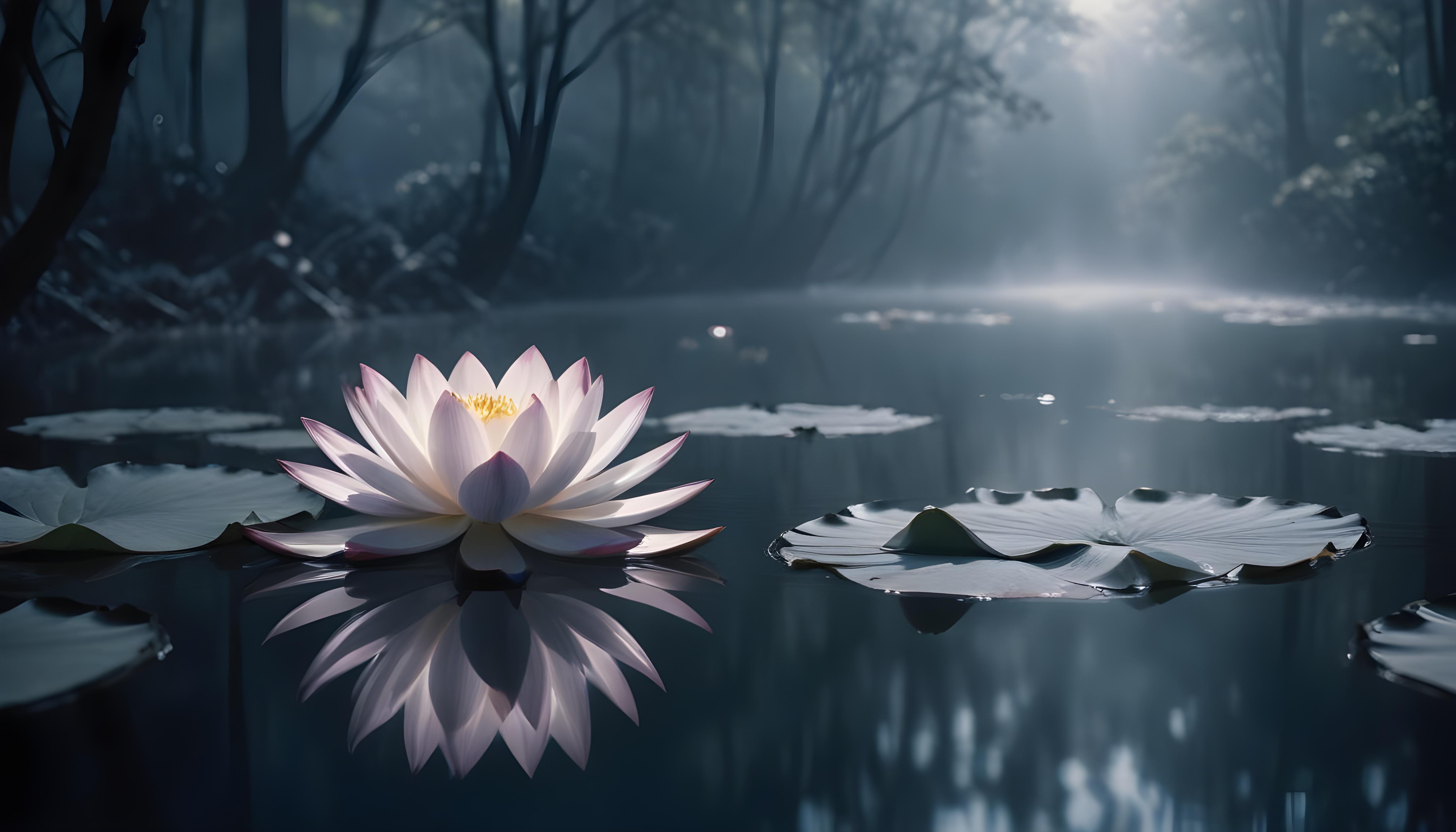 Mystical Lotus Flower on Serene Lake with Foggy Forest Landscape Background