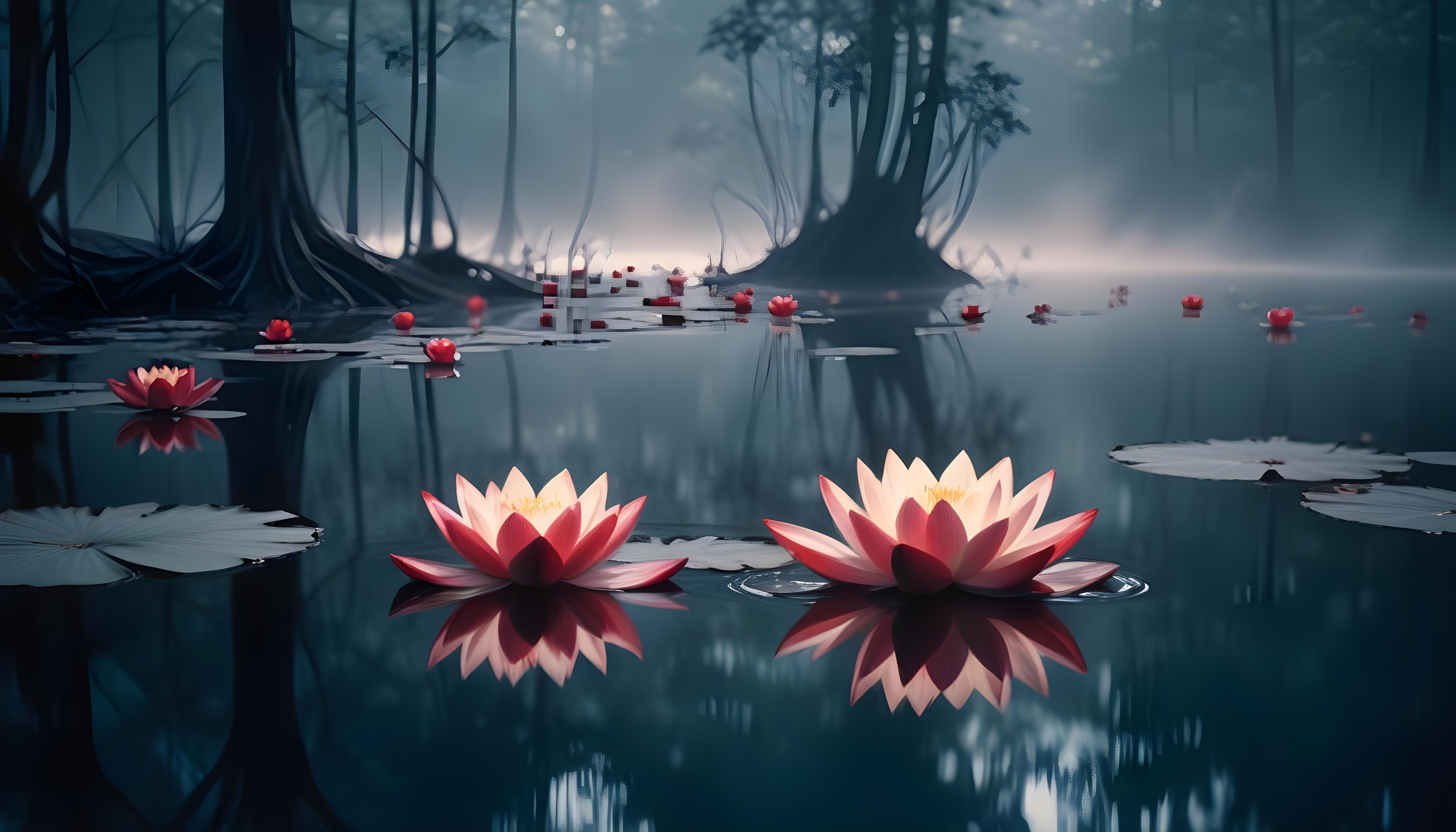 Mystical Lotus Flower on Serene Lake with Foggy Forest Landscape Background