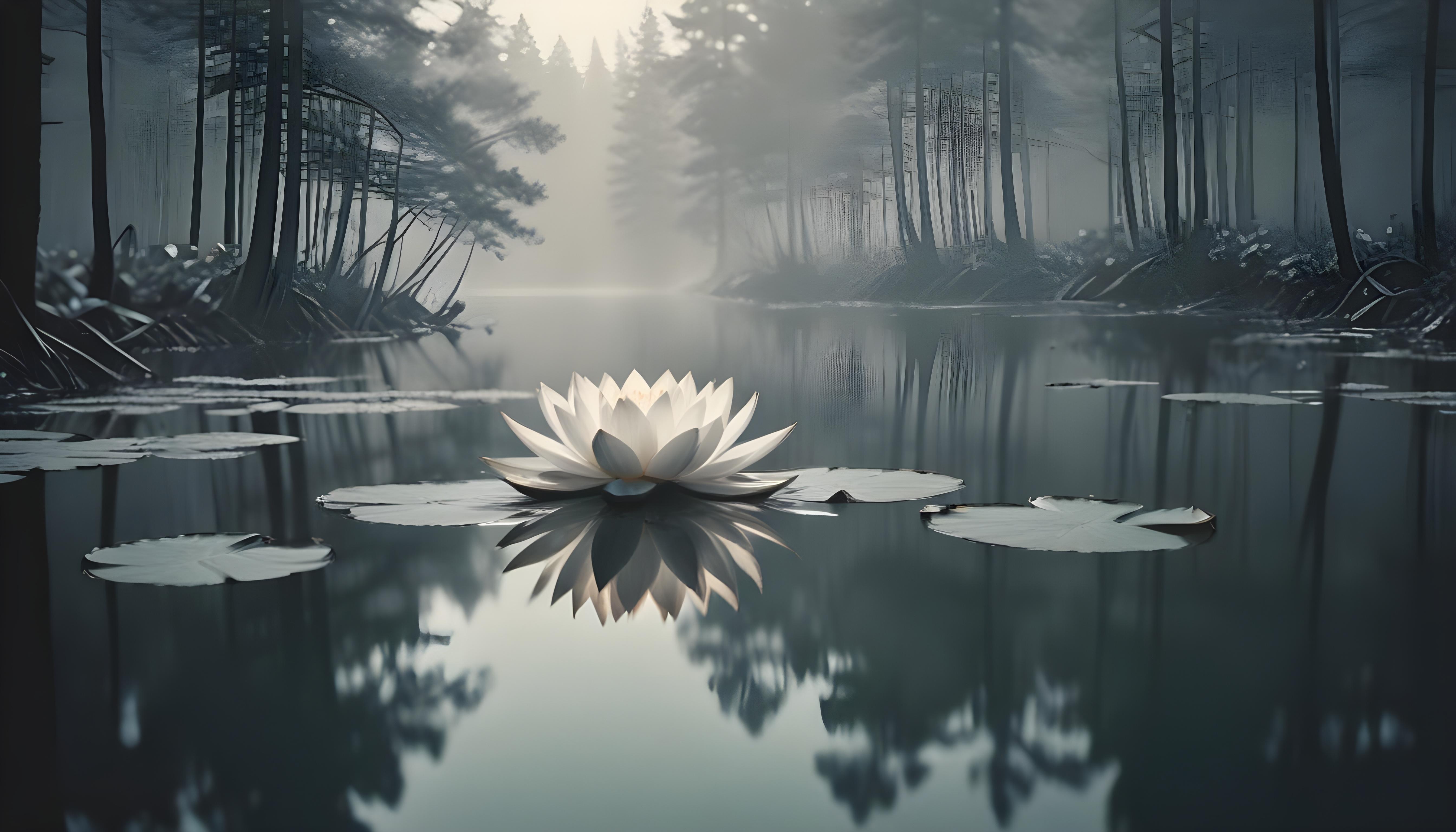 Mystical Lotus Flower on Serene Lake with Foggy Forest Landscape Background