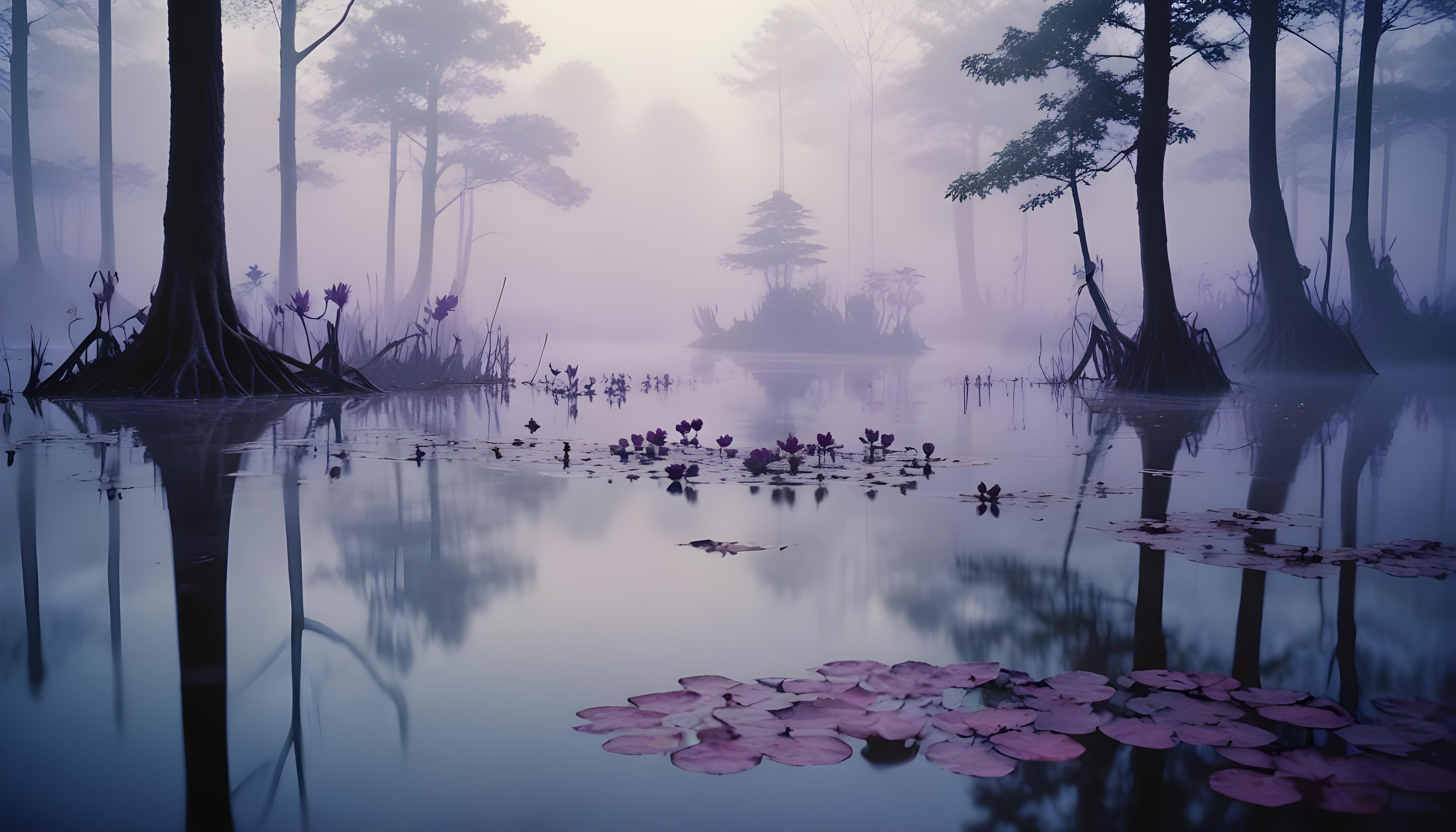 Mystical Lotus Flower on Serene Lake with Foggy Forest Landscape Background