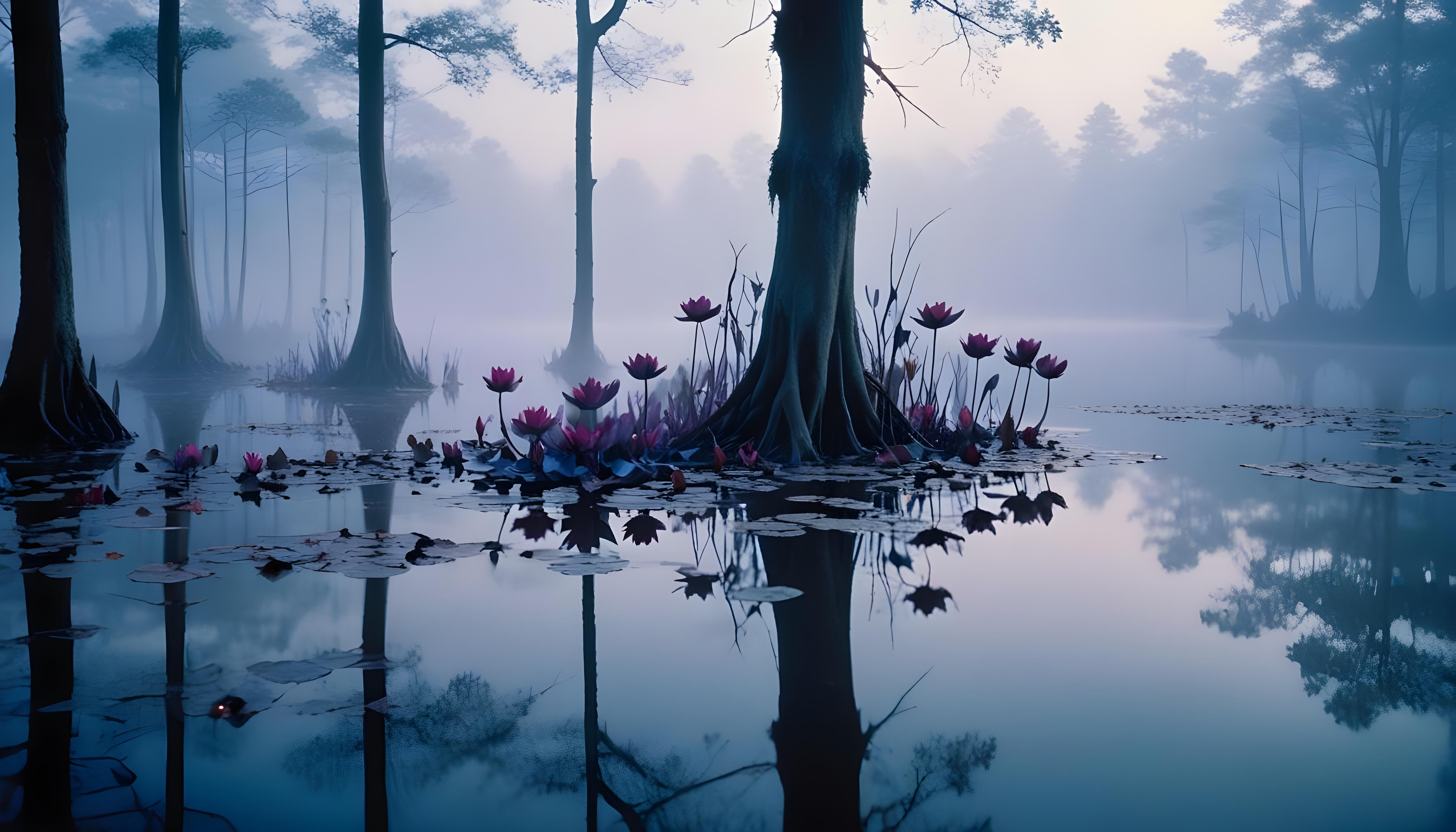 Mystical Lotus Flower on Serene Lake with Foggy Forest Landscape Background