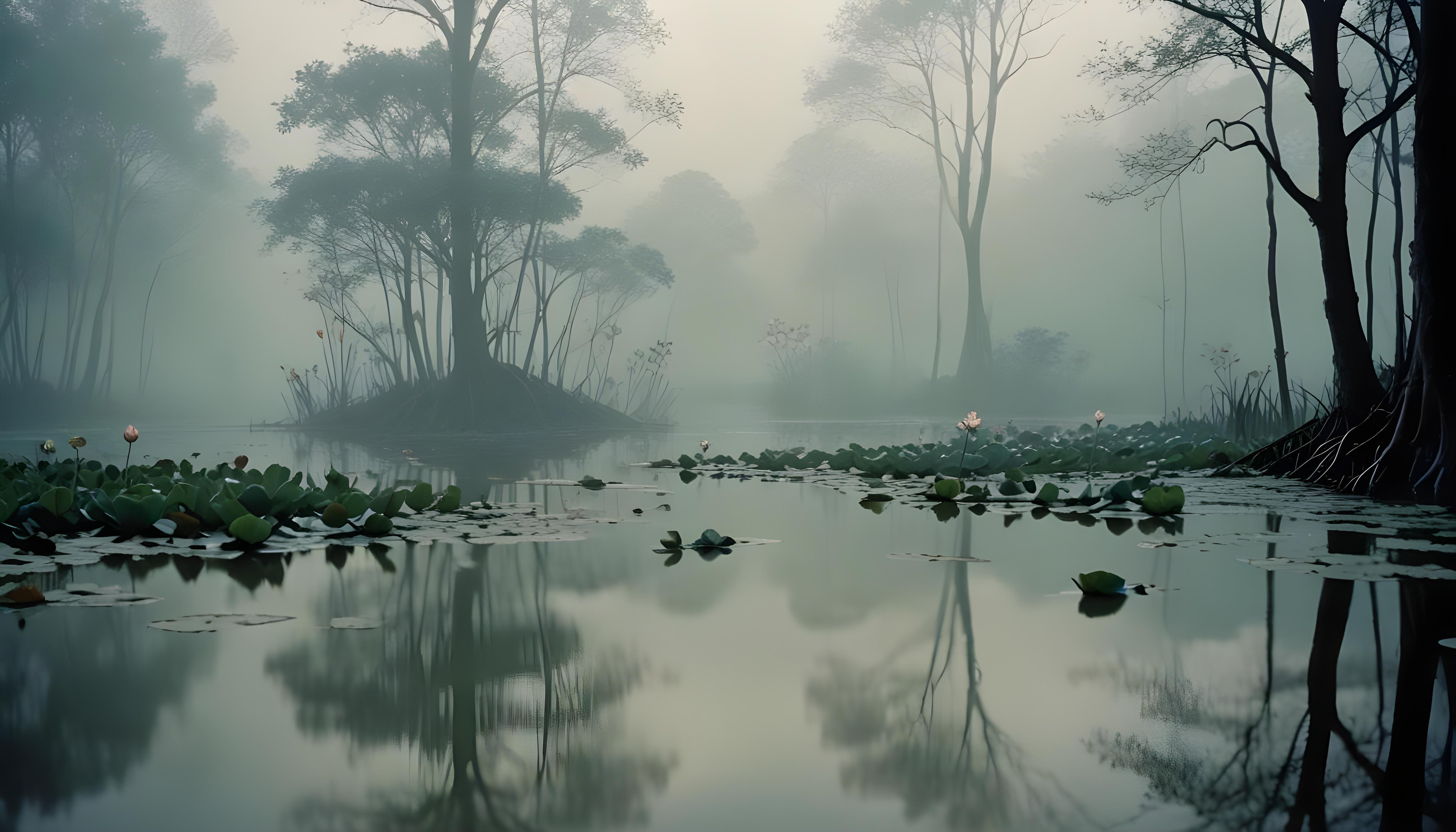 Mystical Lotus Flower on Serene Lake with Foggy Forest Landscape Background