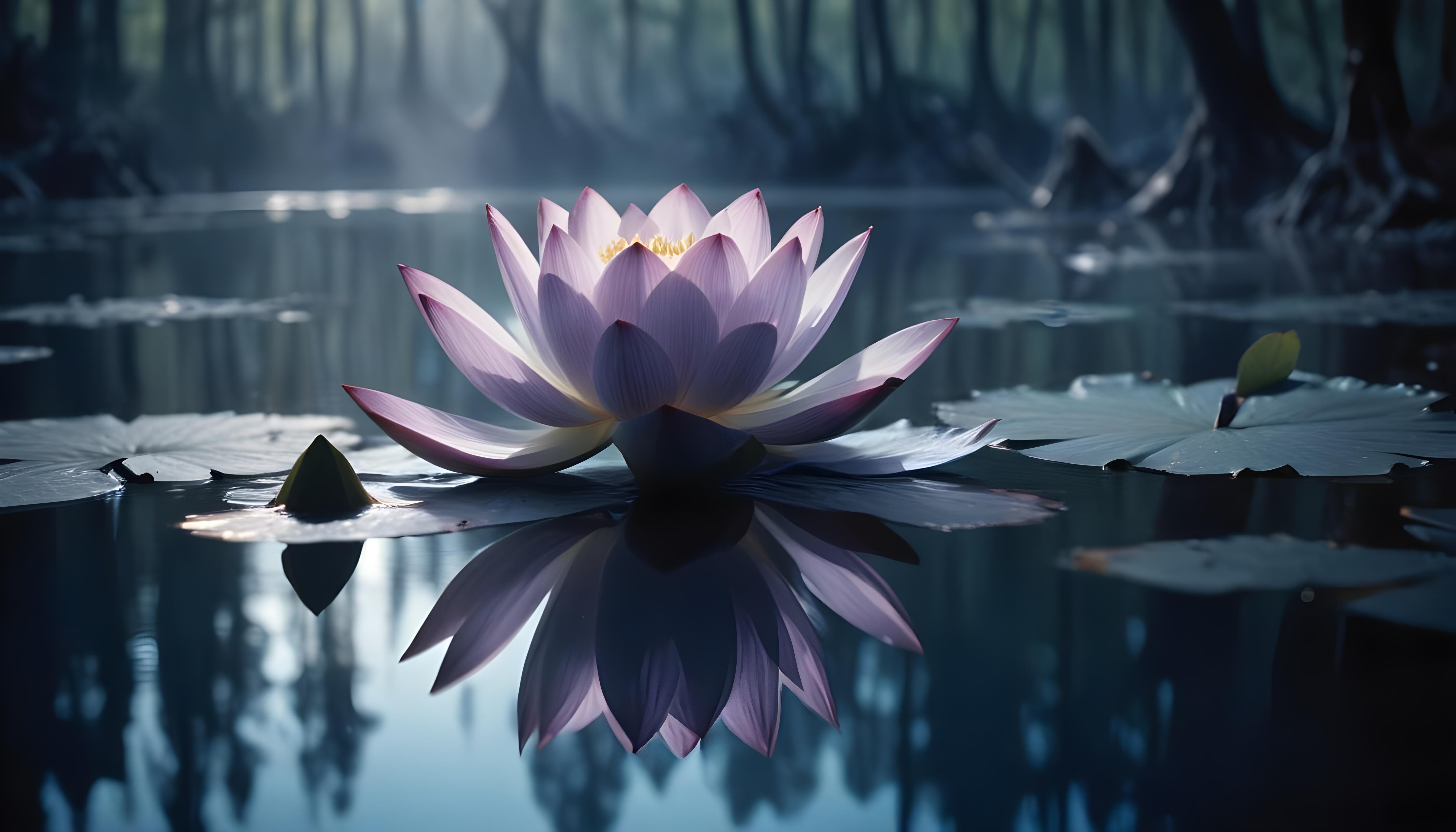 Mystical Lotus Flower on Serene Lake with Foggy Forest Landscape Background