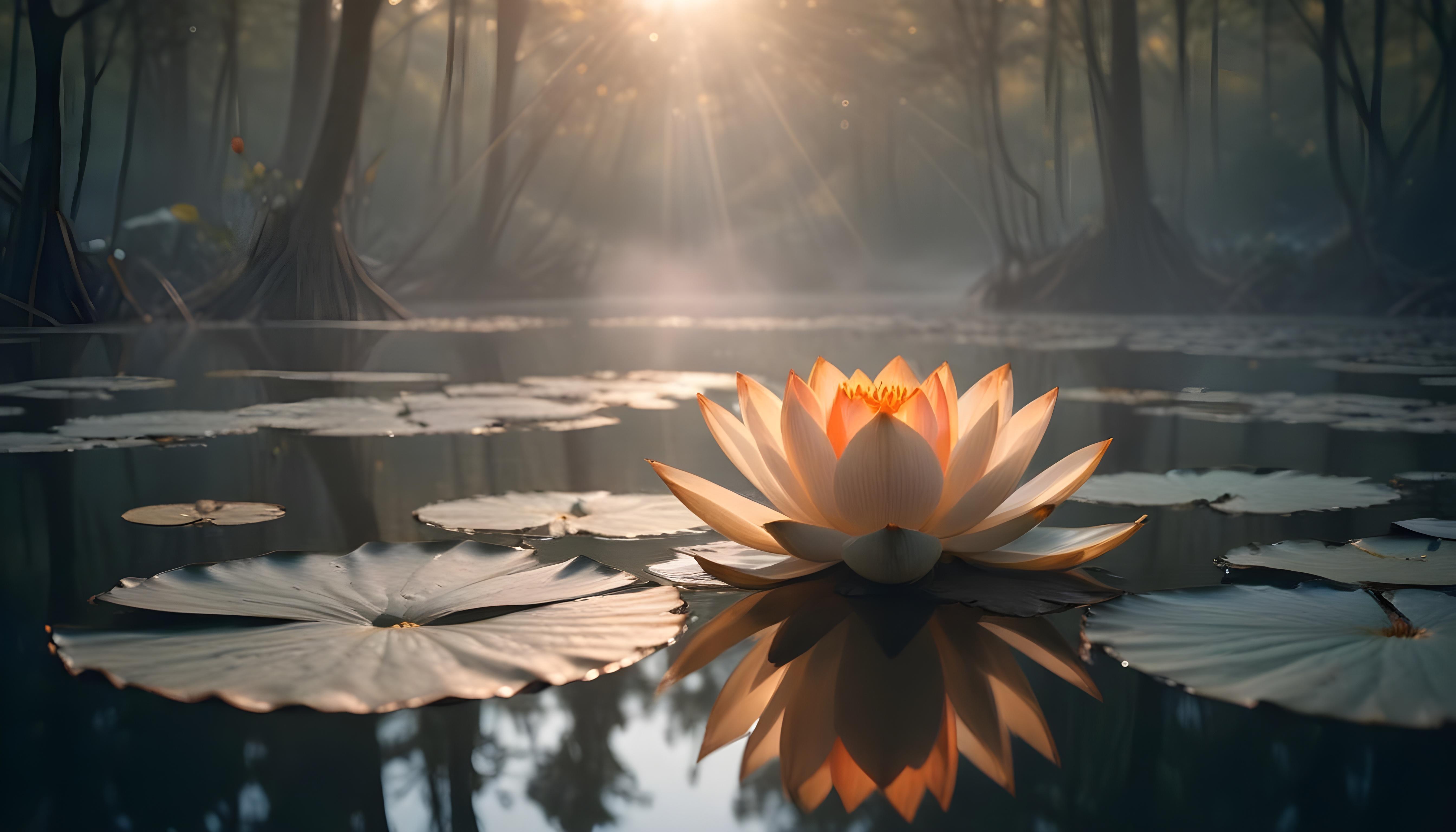 Mystical Lotus Flower on Serene Lake with Foggy Forest Landscape Background