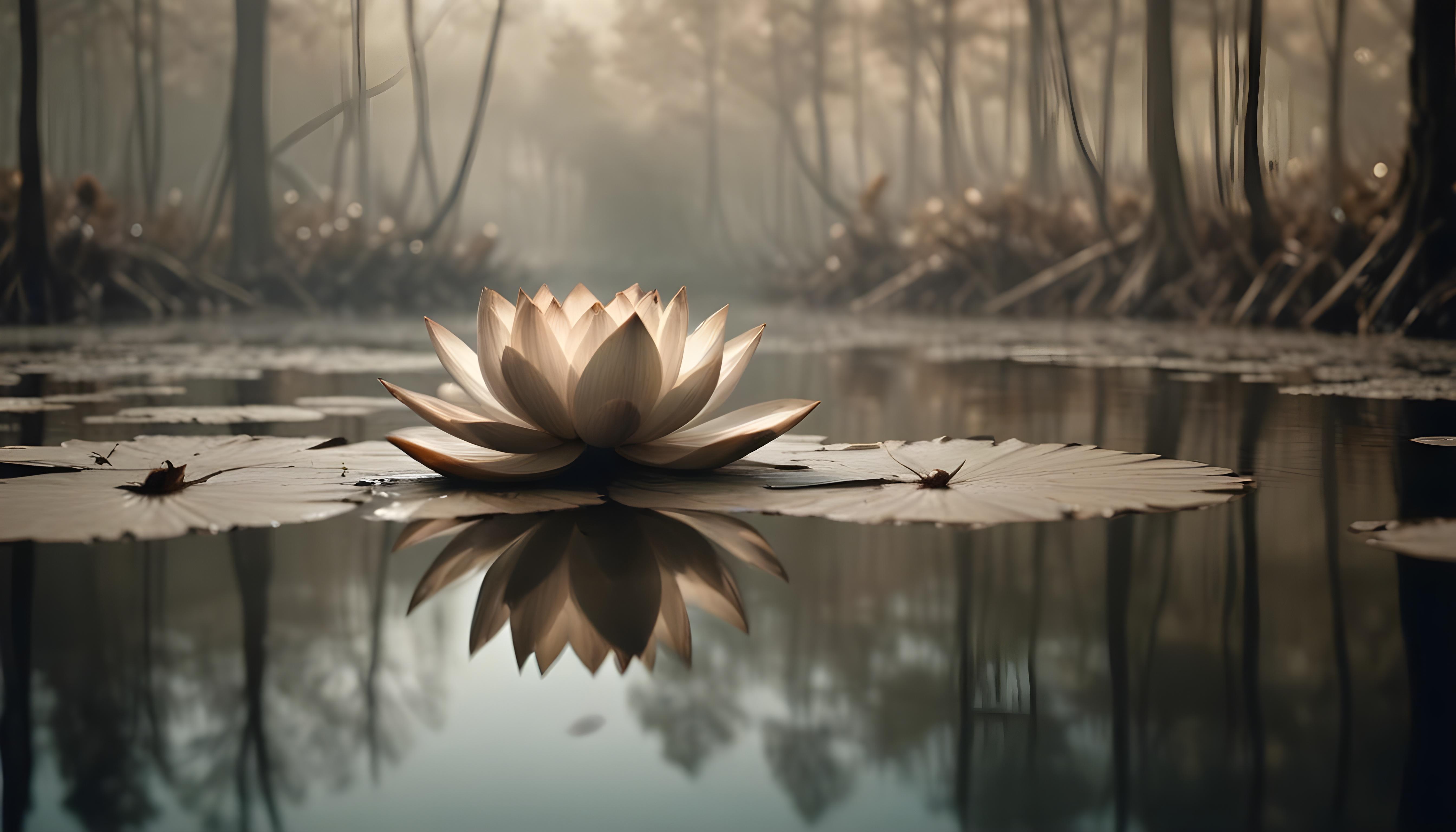 Mystical Lotus Flower on Serene Lake with Foggy Forest Landscape Background