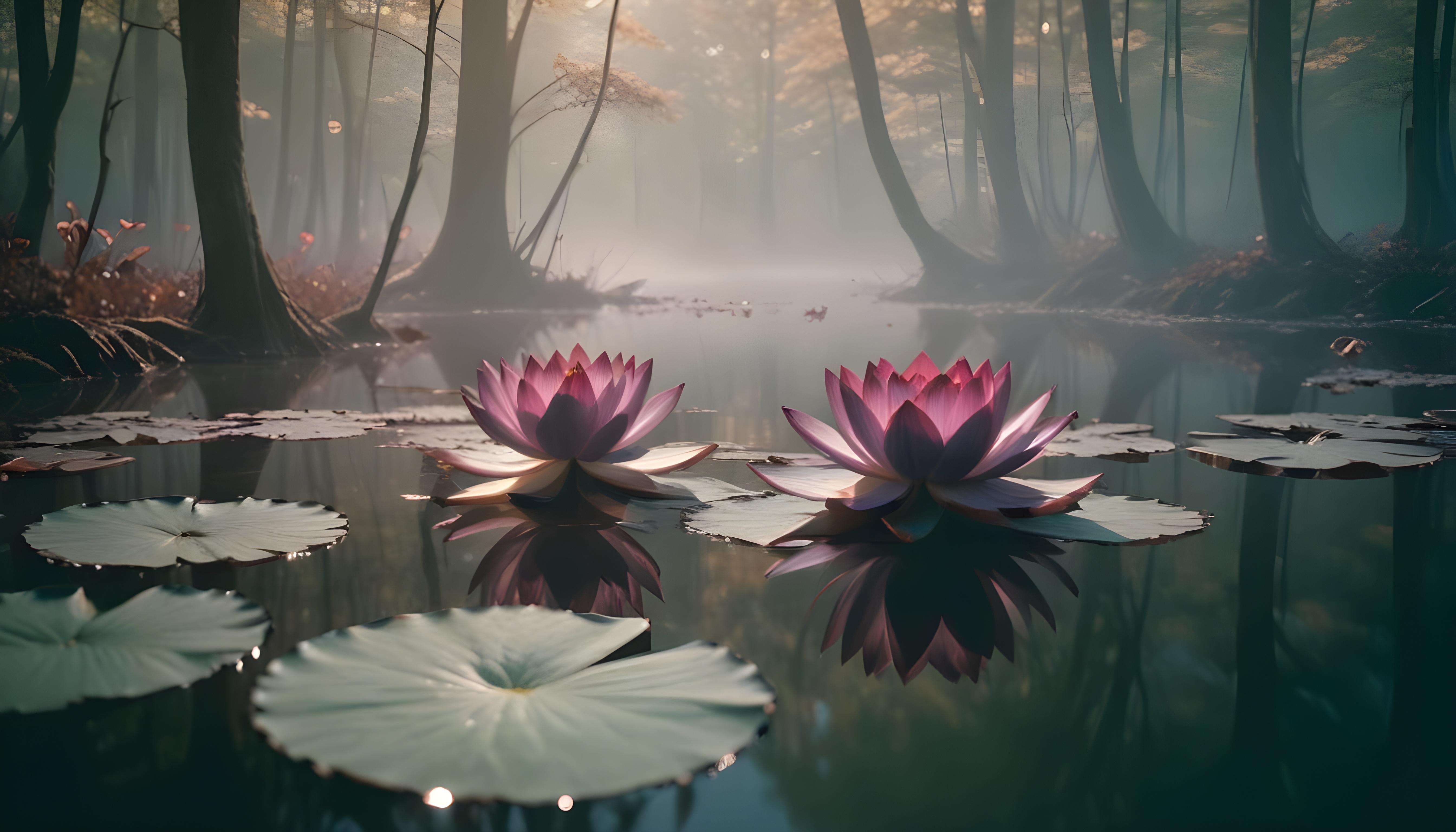 Mystical Lotus Flower on Serene Lake with Foggy Forest Landscape Background