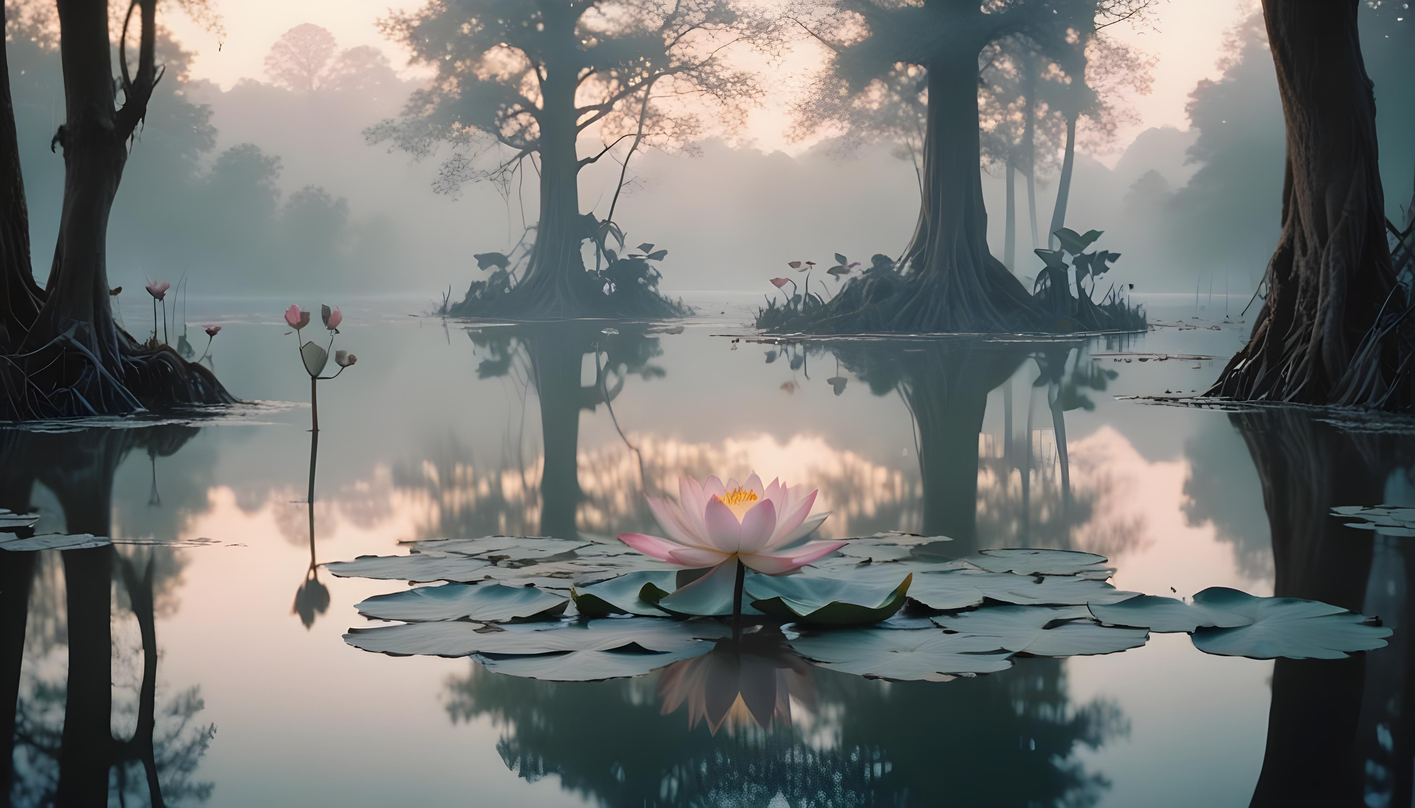 Mystical Lotus Flower on Serene Lake with Foggy Forest Landscape Background
