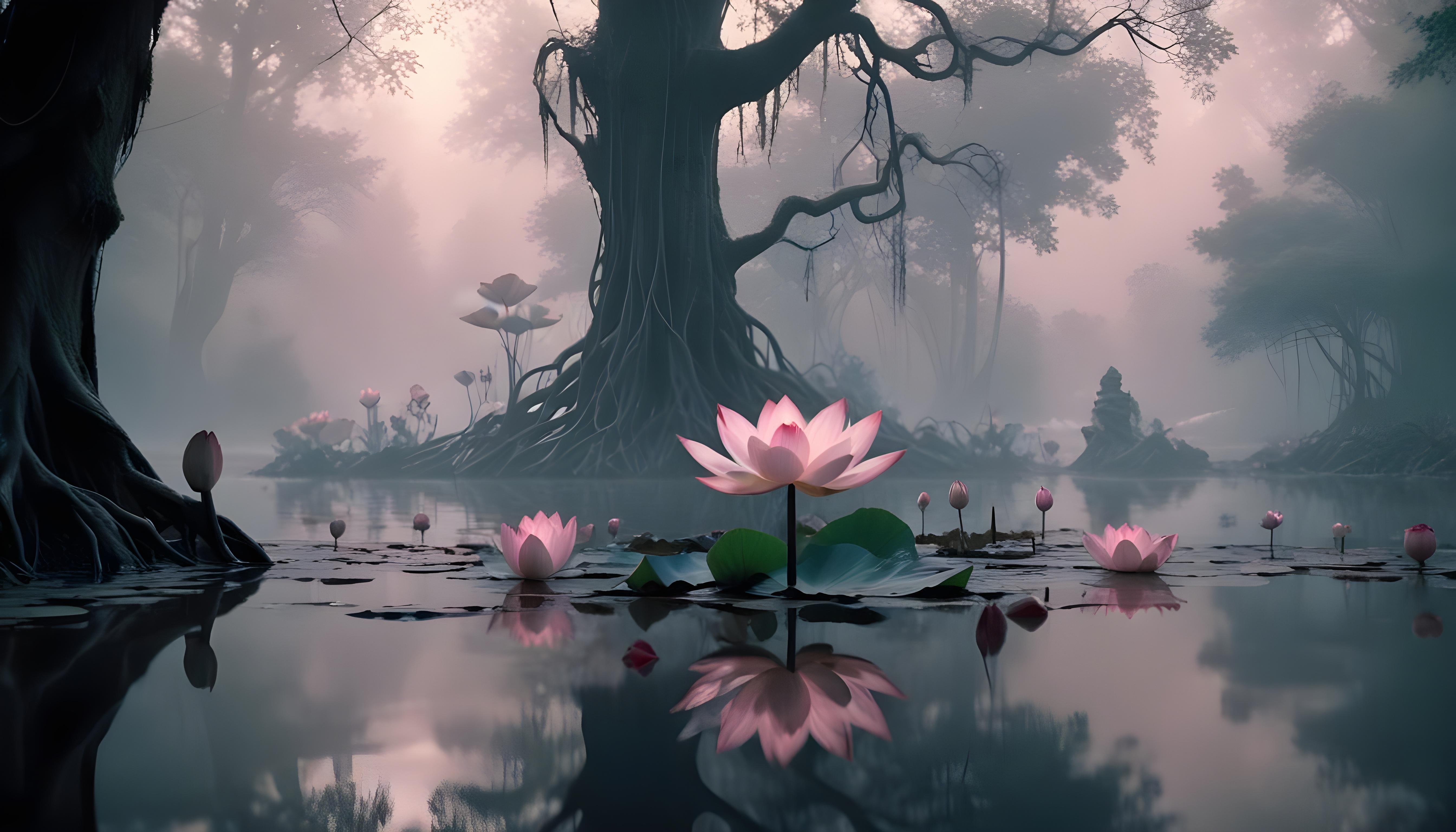Mystical Lotus Flower on Serene Lake with Foggy Forest Landscape Background