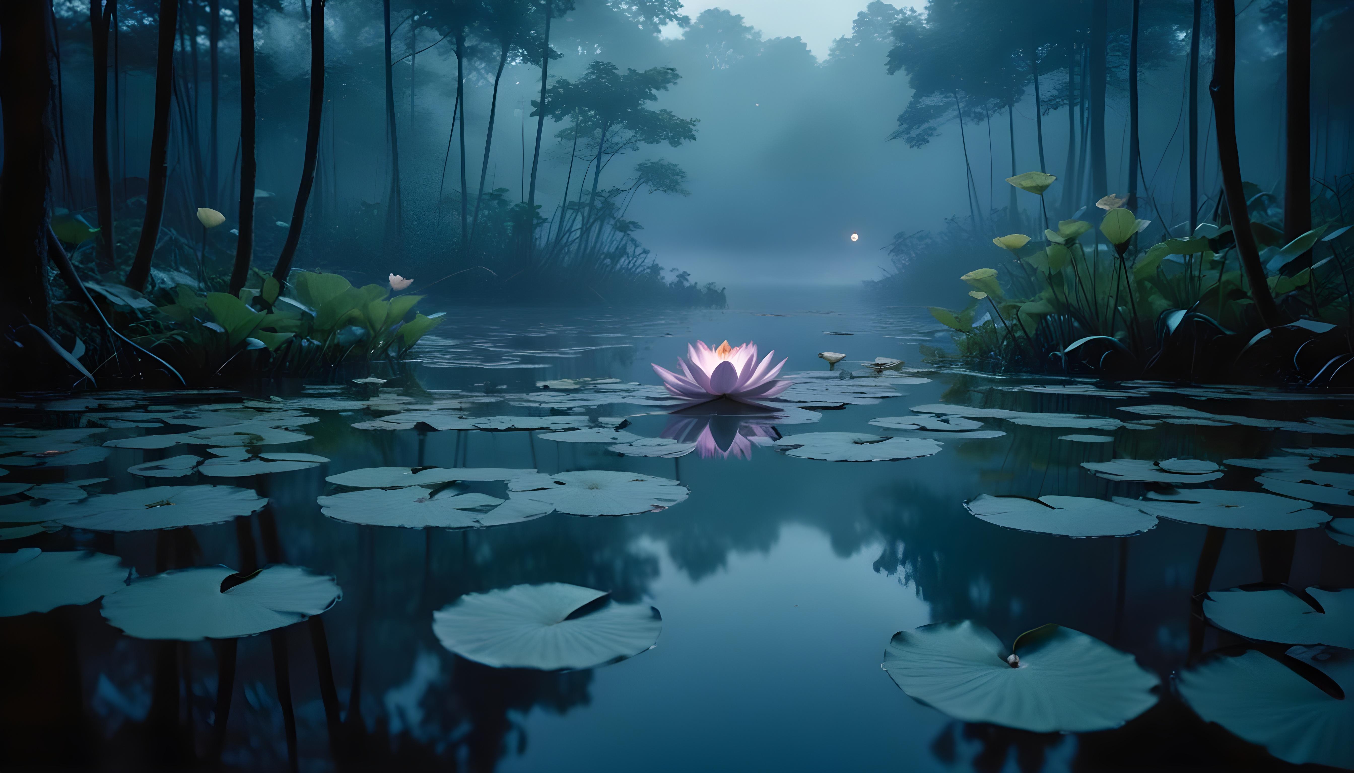 Mystical Lotus Flower on Serene Lake with Foggy Forest Landscape Background