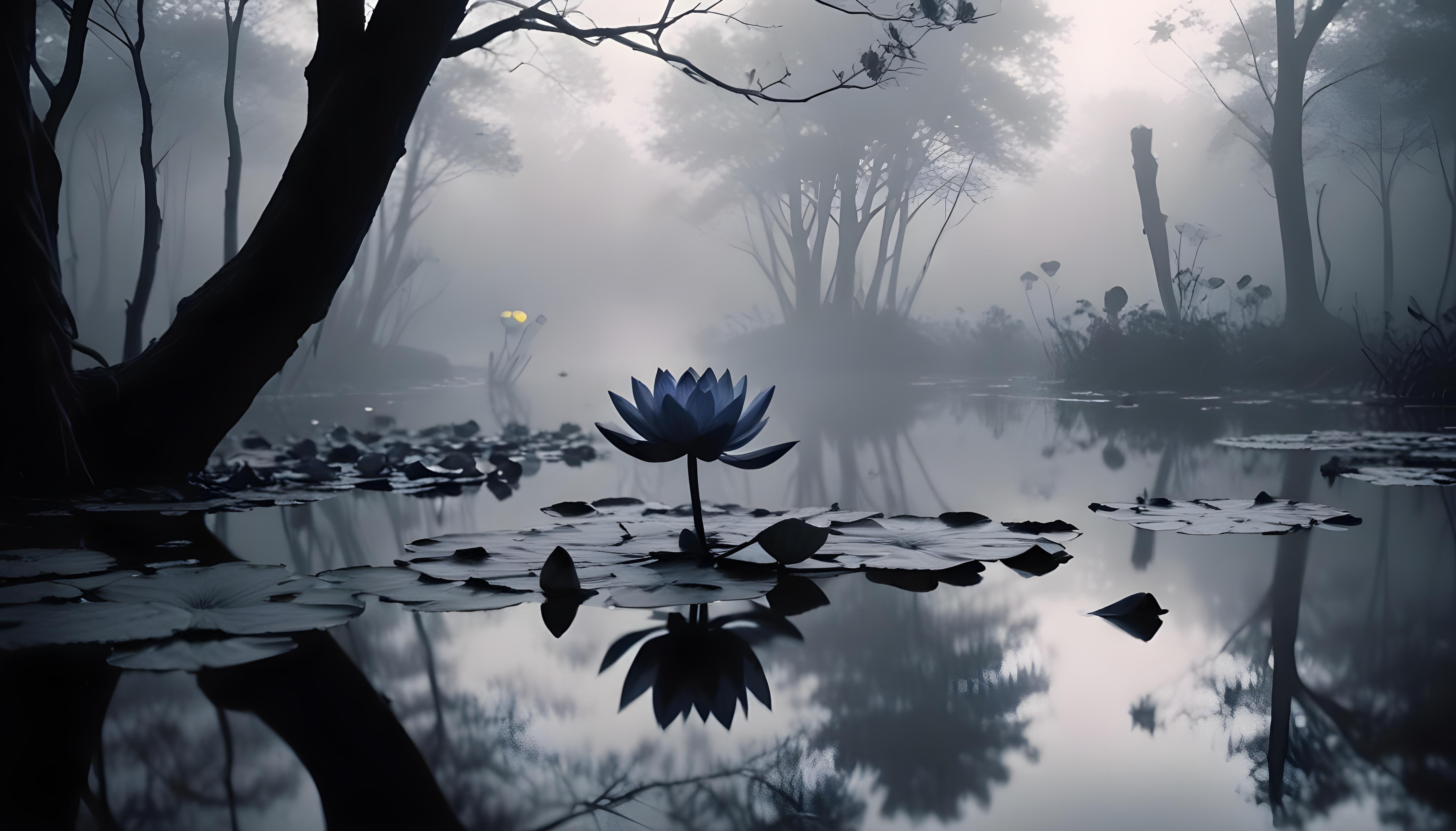 Mystical Lotus Flower on Serene Lake with Foggy Forest Landscape Background