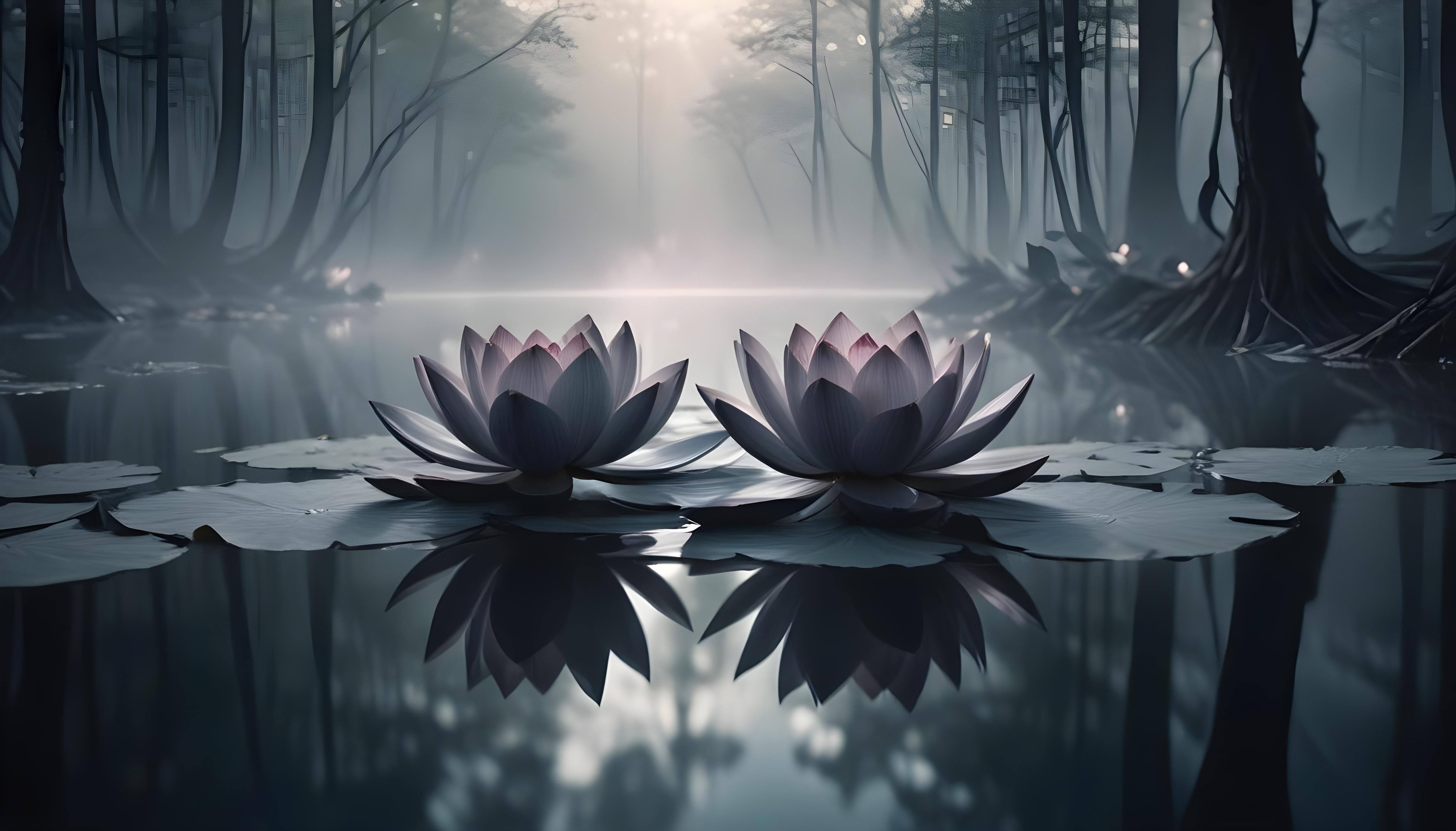 Mystical Lotus Flower on Serene Lake with Foggy Forest Landscape Background