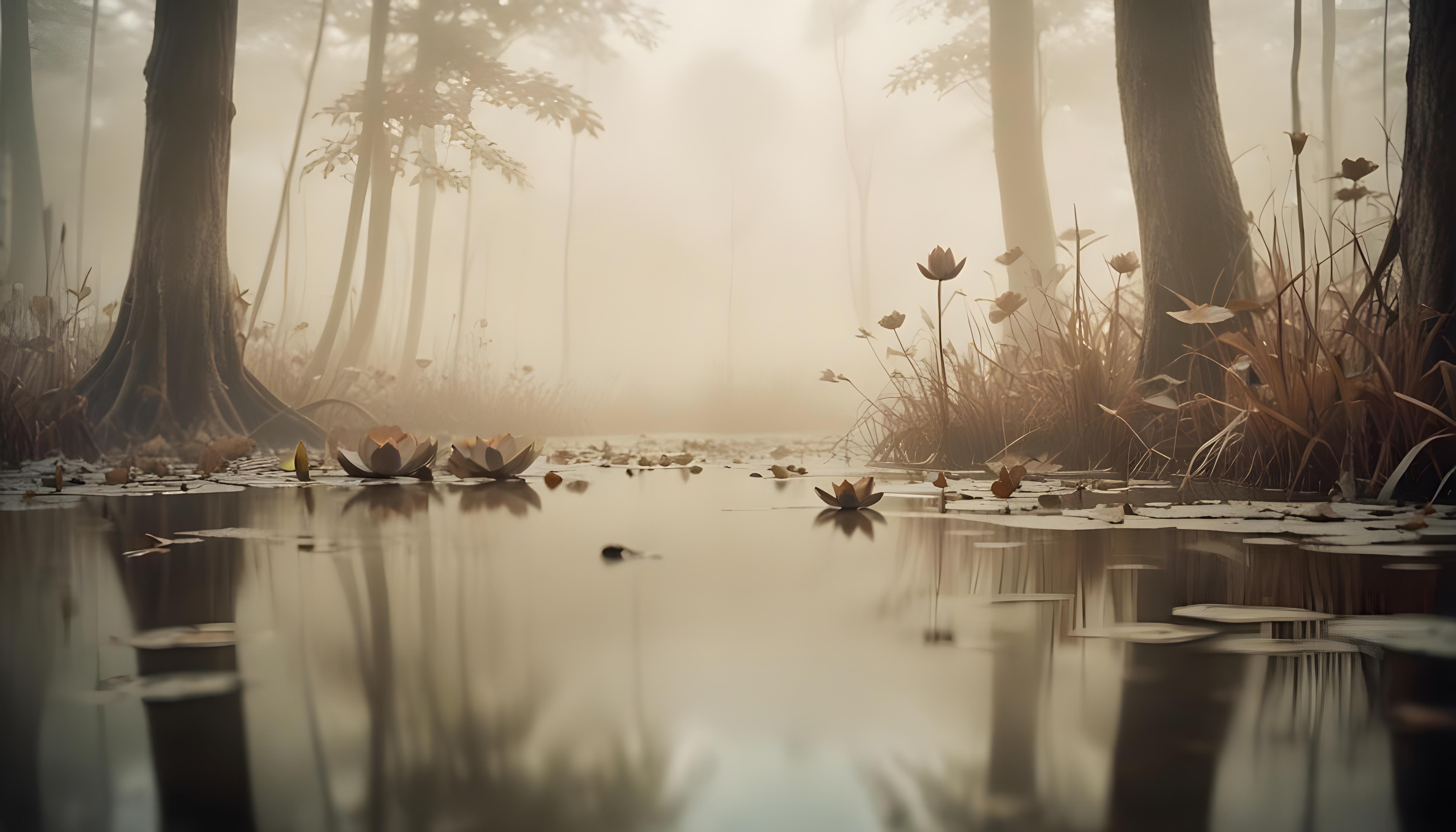 Mystical Lotus Flower on Serene Lake with Foggy Forest Landscape Background