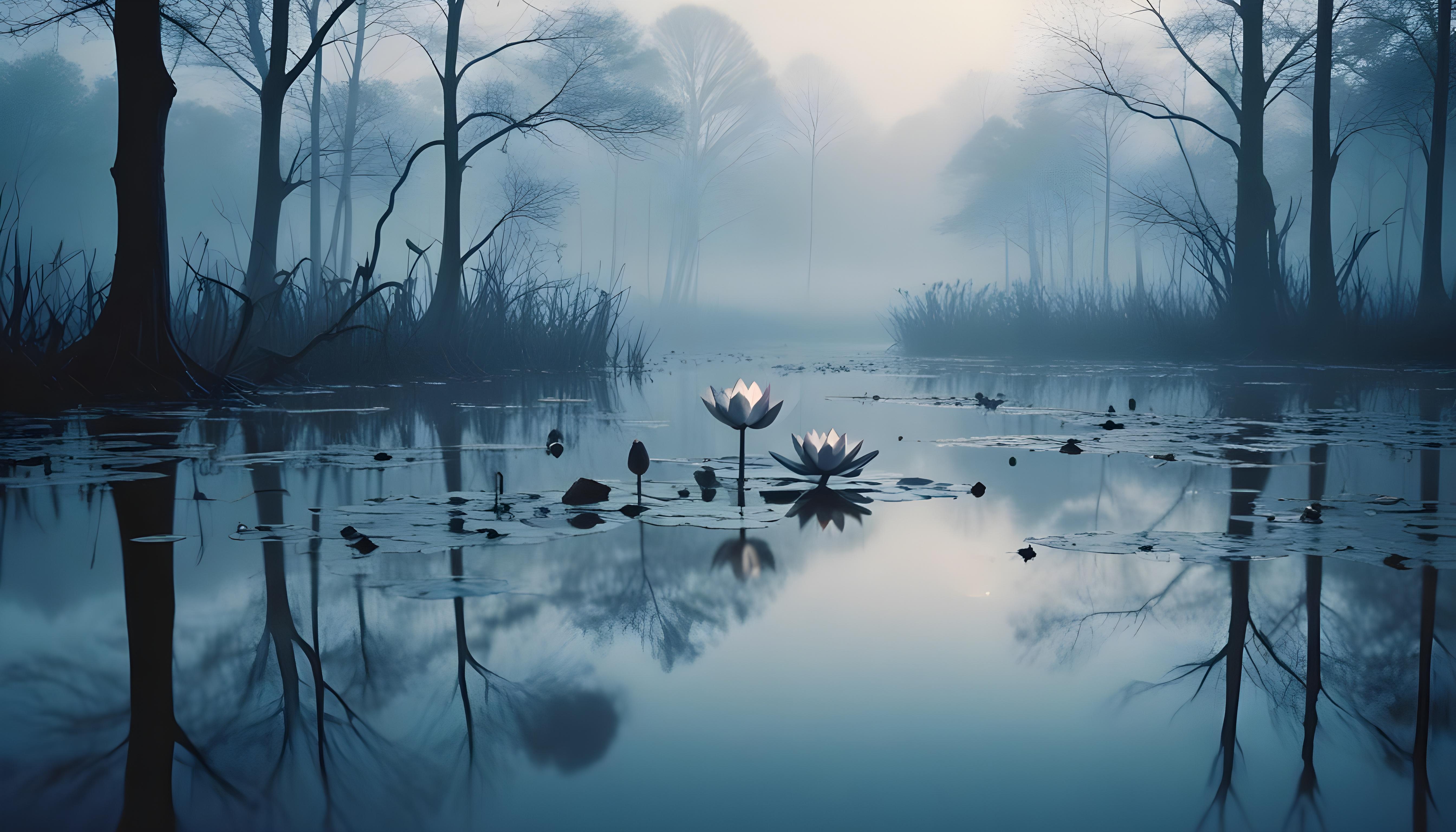 Mystical Lotus Flower on Serene Lake with Foggy Forest Landscape Background