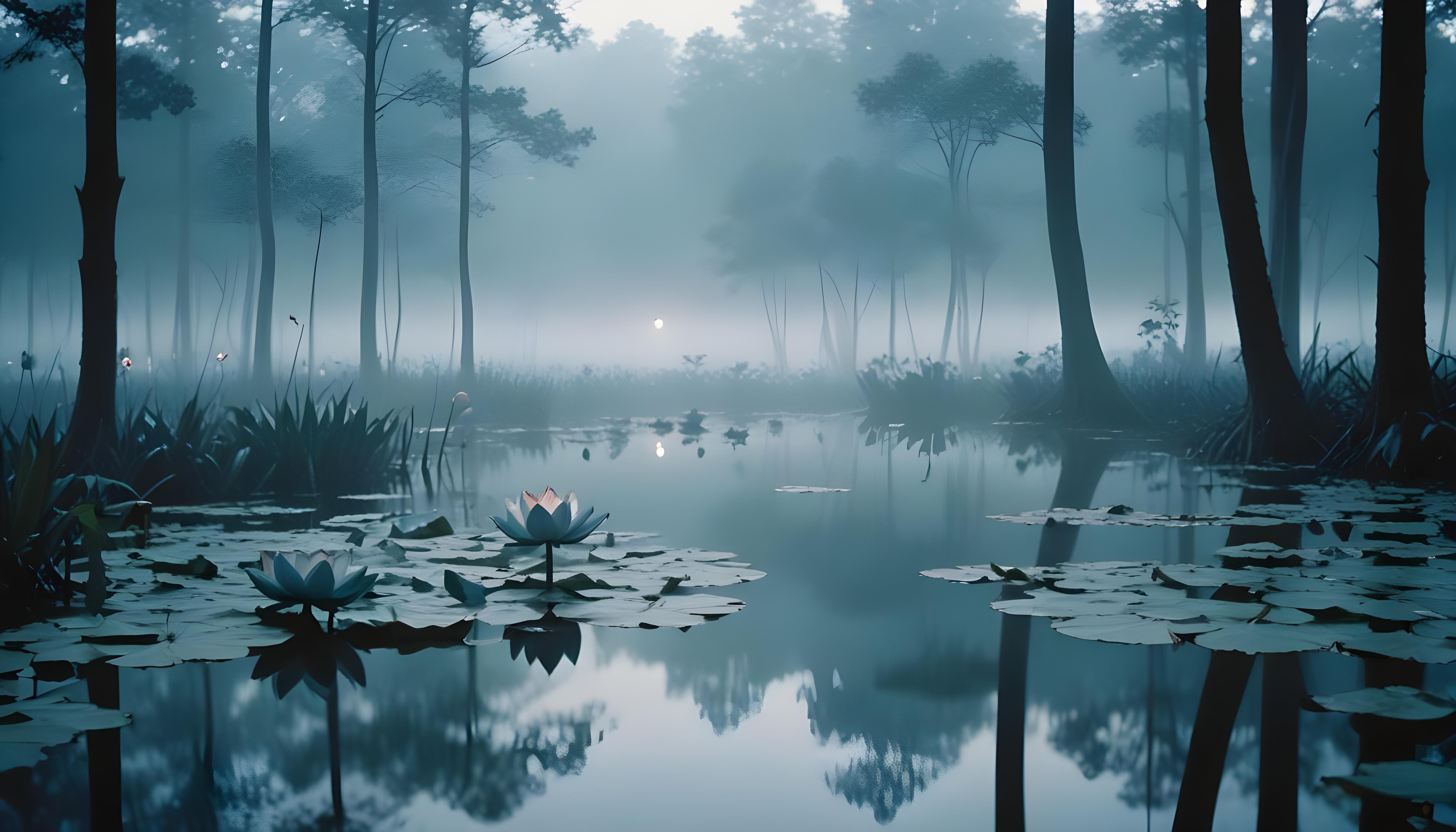 Mystical Lotus Flower on Serene Lake with Foggy Forest Landscape Background