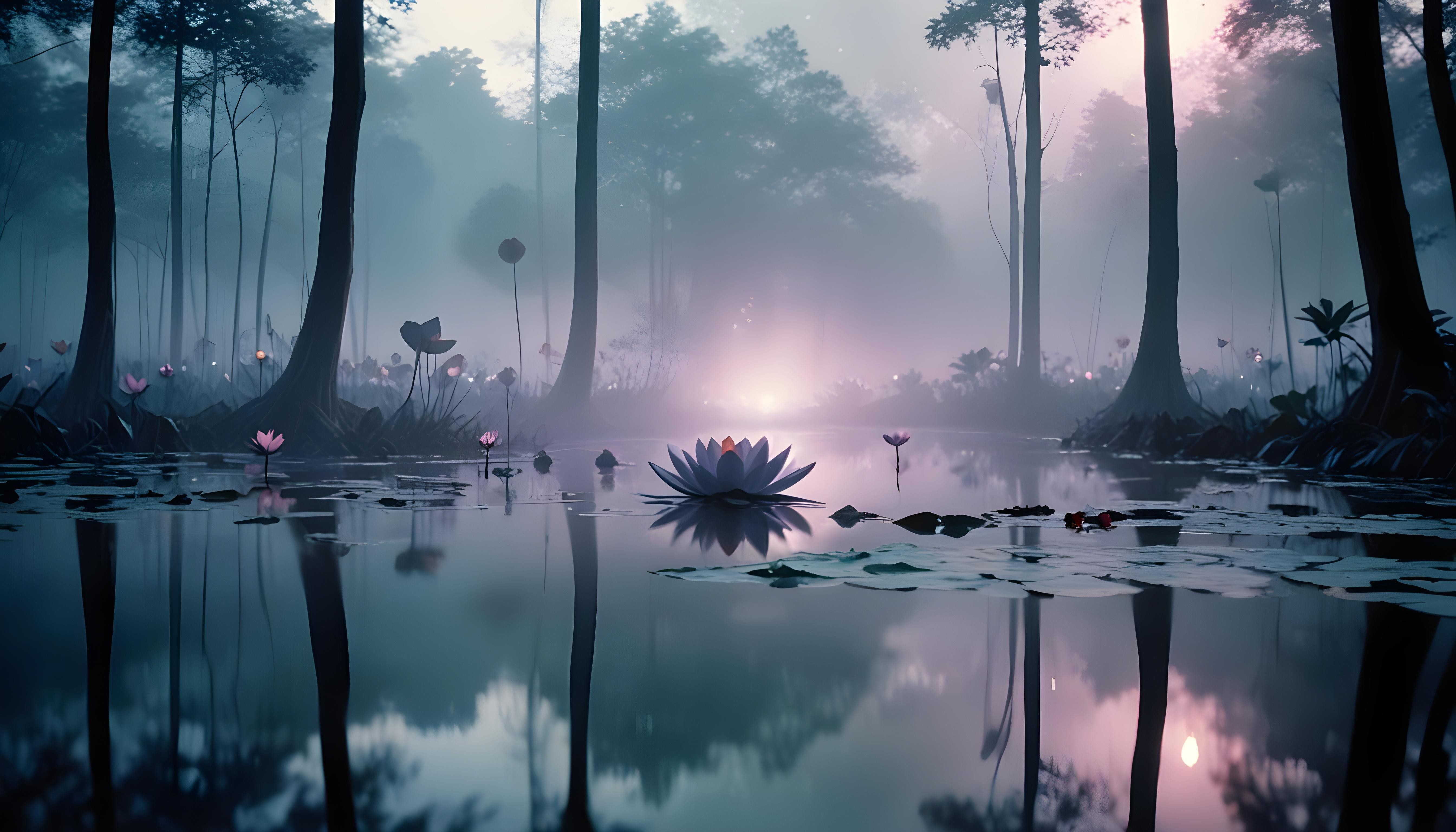 Mystical Lotus Flower on Serene Lake with Foggy Forest Landscape Background