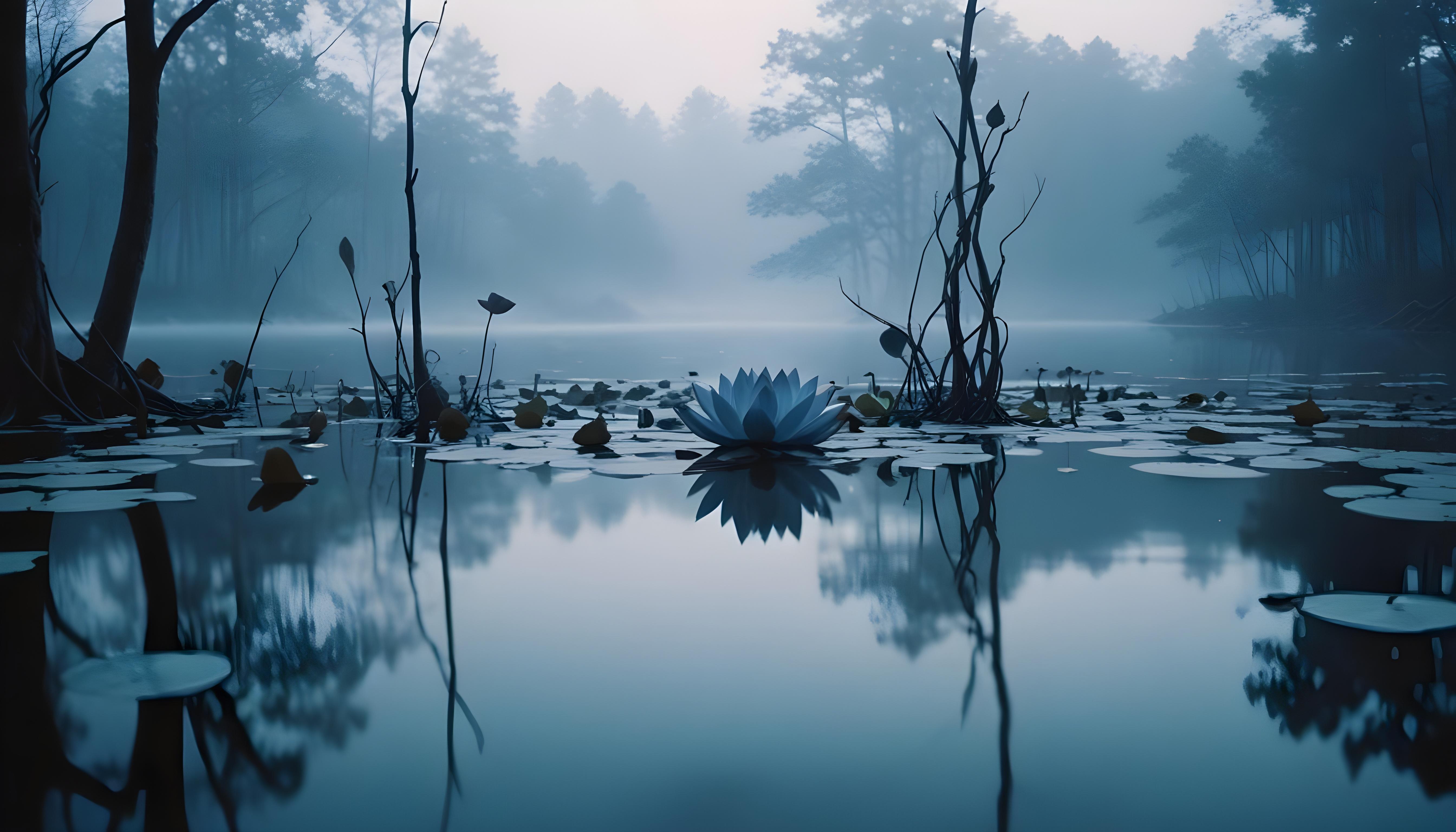 Mystical Lotus Flower on Serene Lake with Foggy Forest Landscape Background