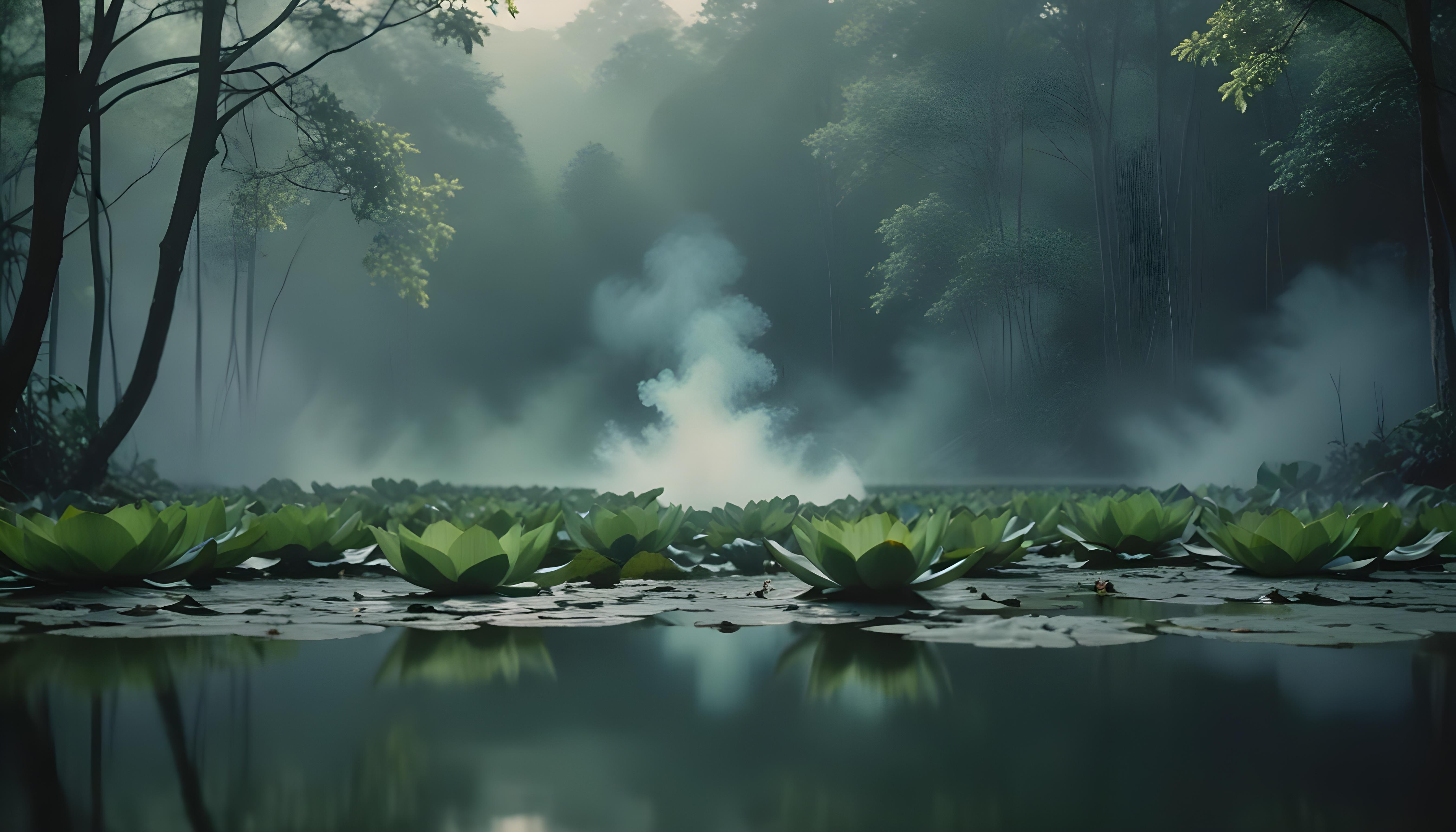 Mystical Lotus Flower on Serene Lake with Foggy Forest Landscape Background