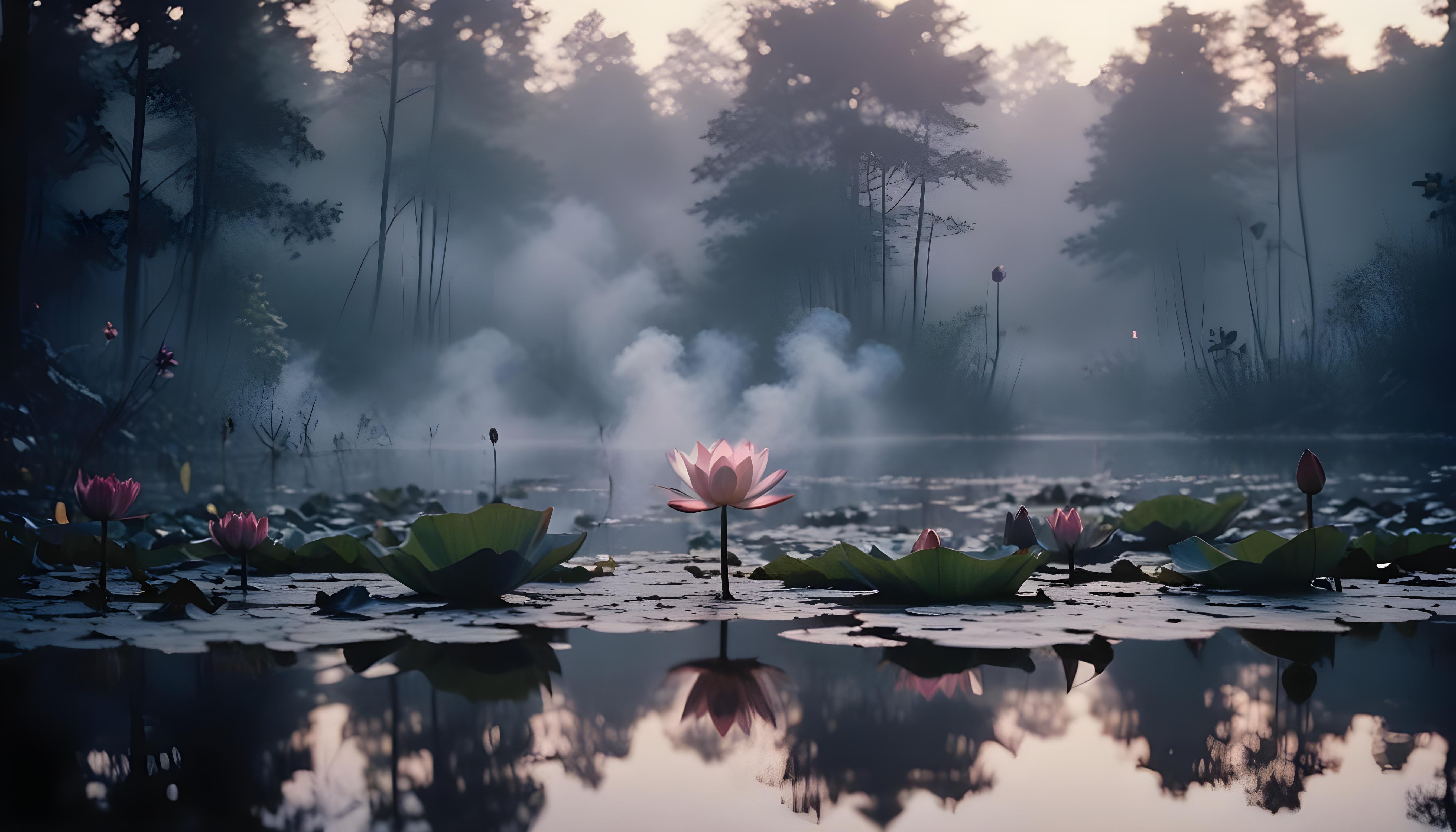 Mystical Lotus Flower on Serene Lake with Foggy Forest Landscape Background