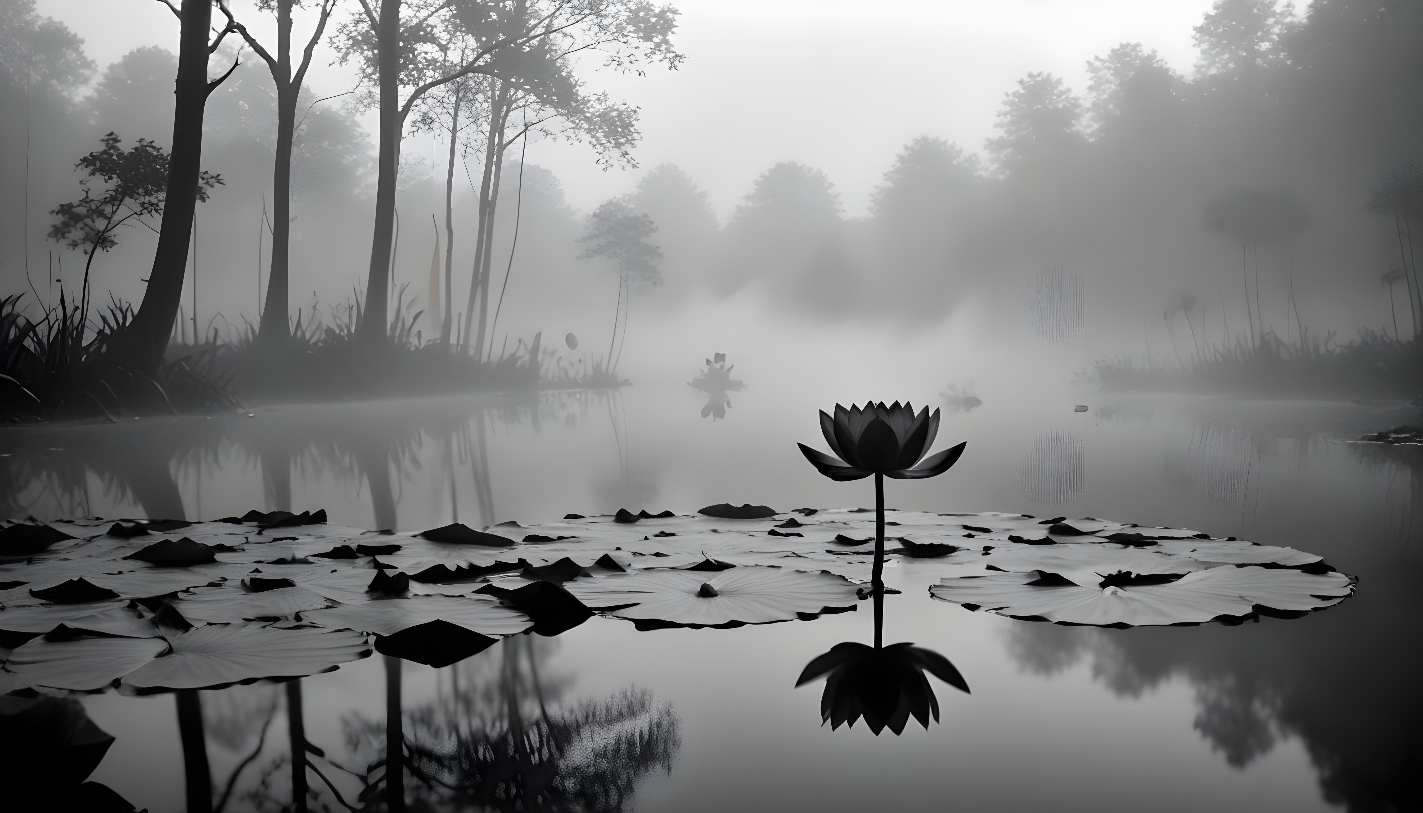 Mystical Lotus Flower on Serene Lake with Foggy Forest Landscape Background