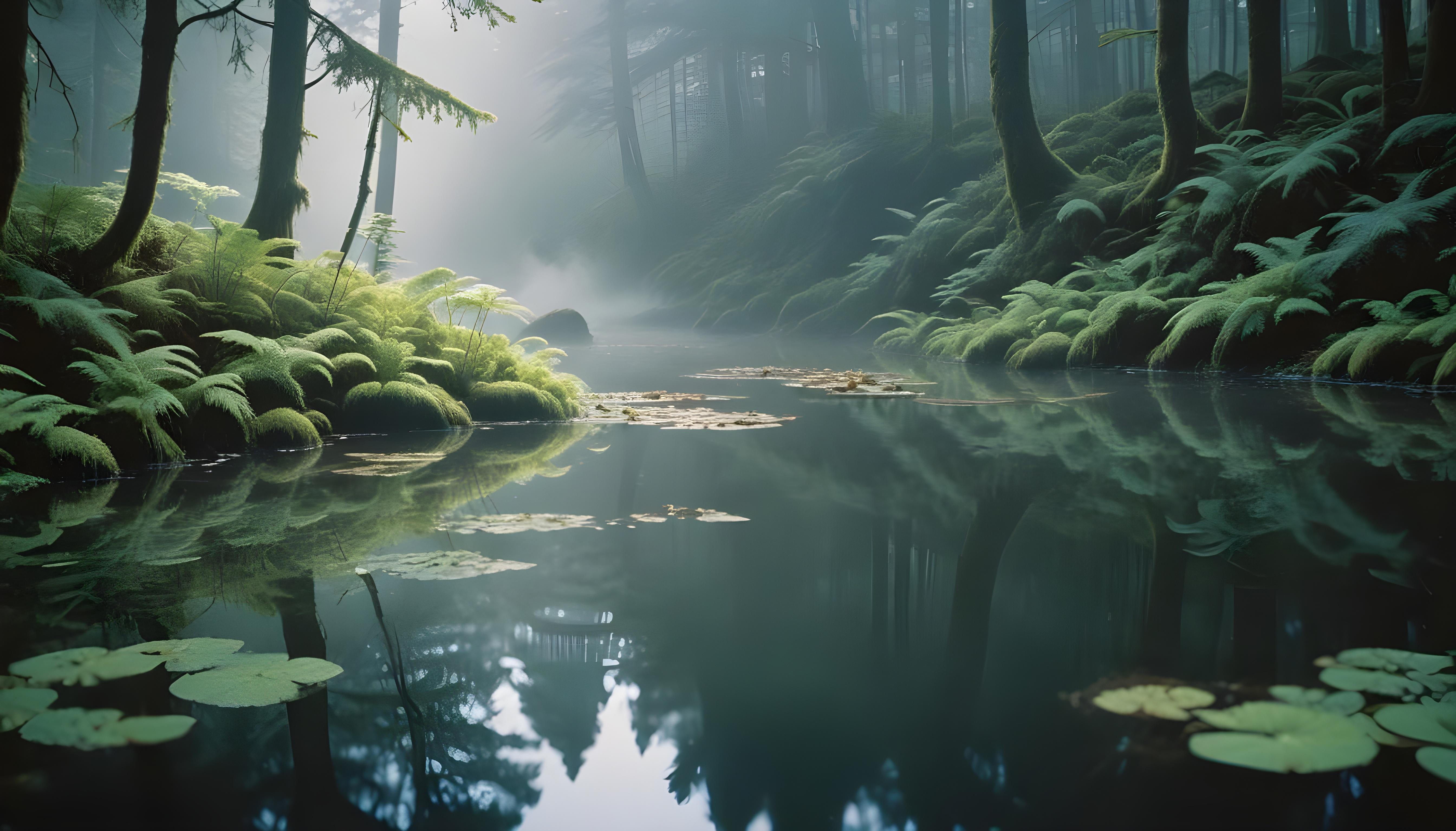 Mystical Lotus Flower on Serene Lake with Foggy Forest Landscape Background