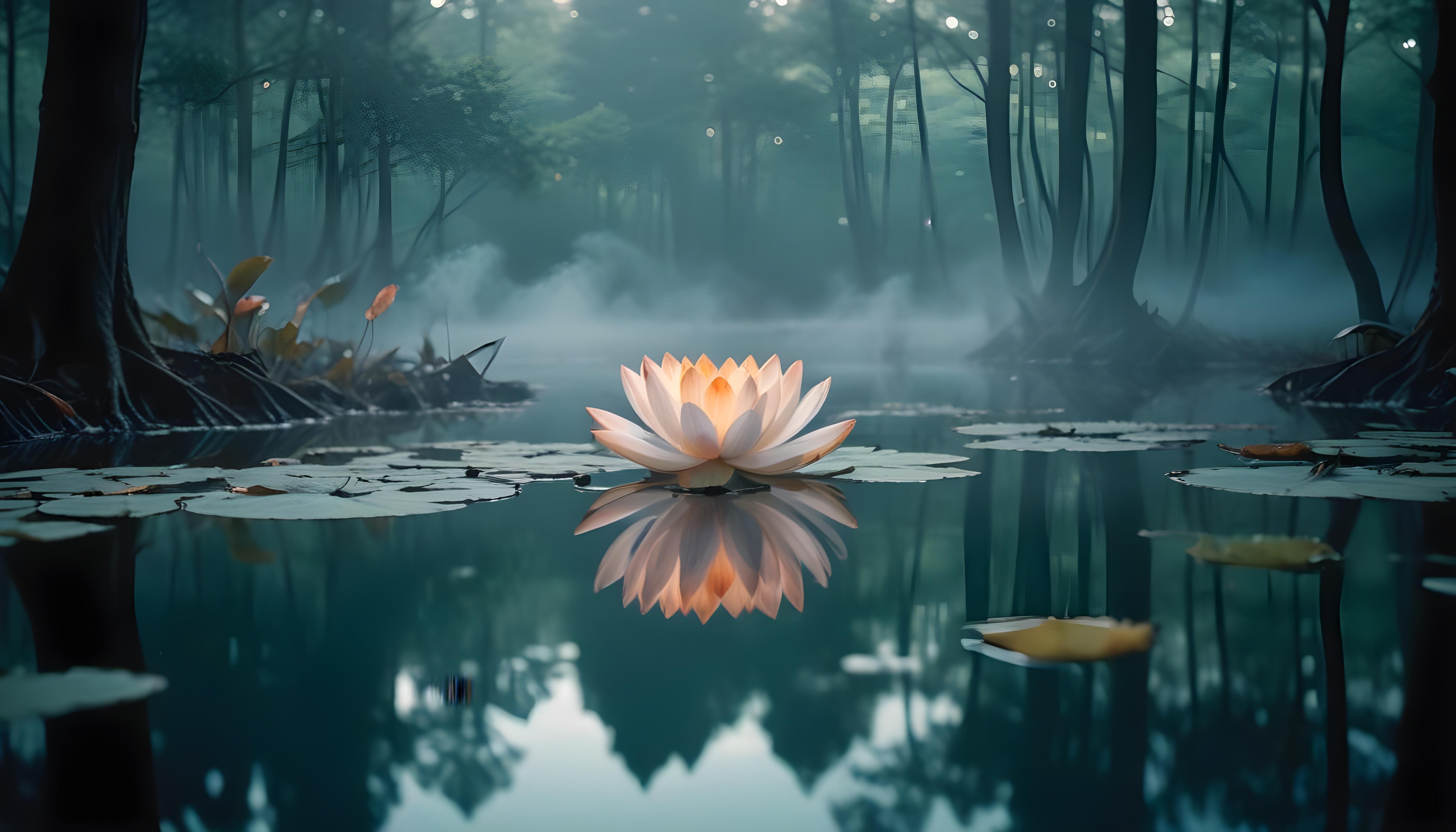 Mystical Lotus Flower on Serene Lake with Foggy Forest Landscape Background
