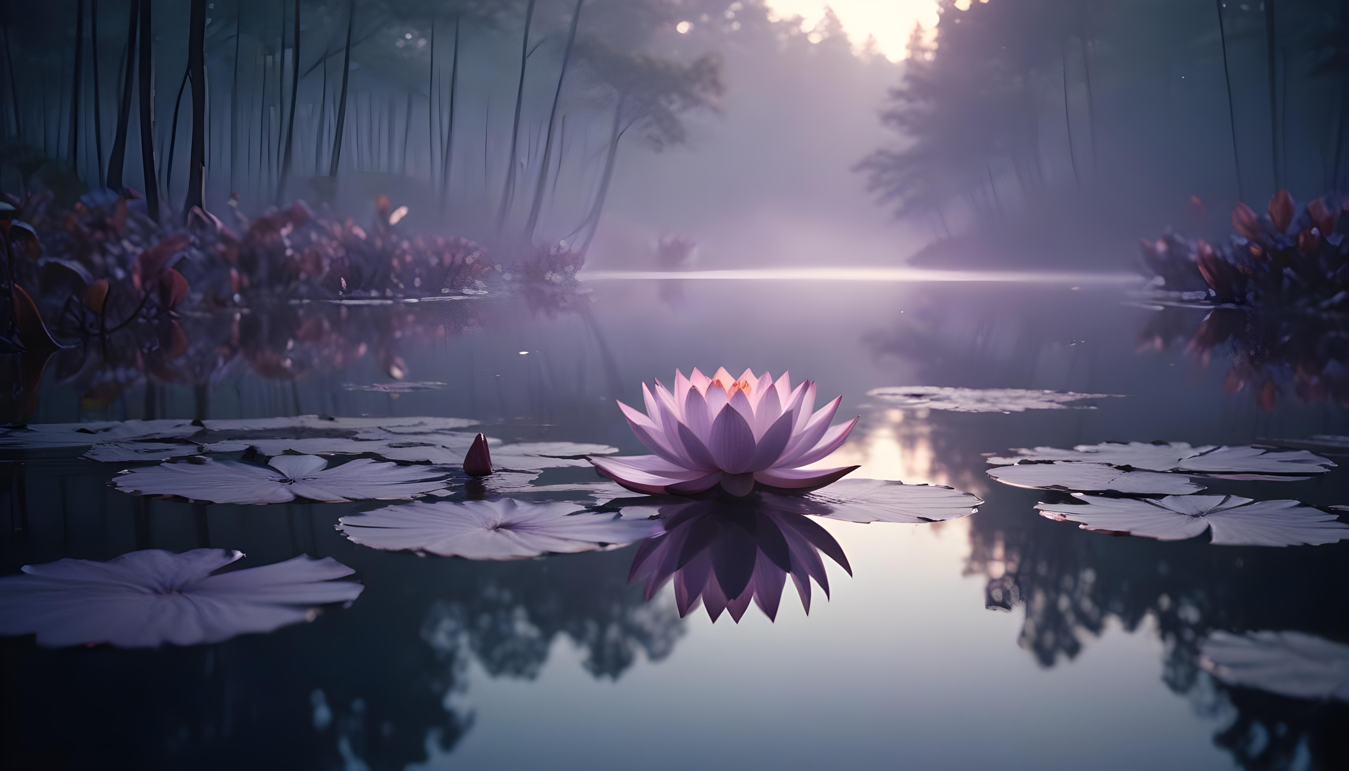Mystical Lotus Flower on Serene Lake with Foggy Forest Landscape Background