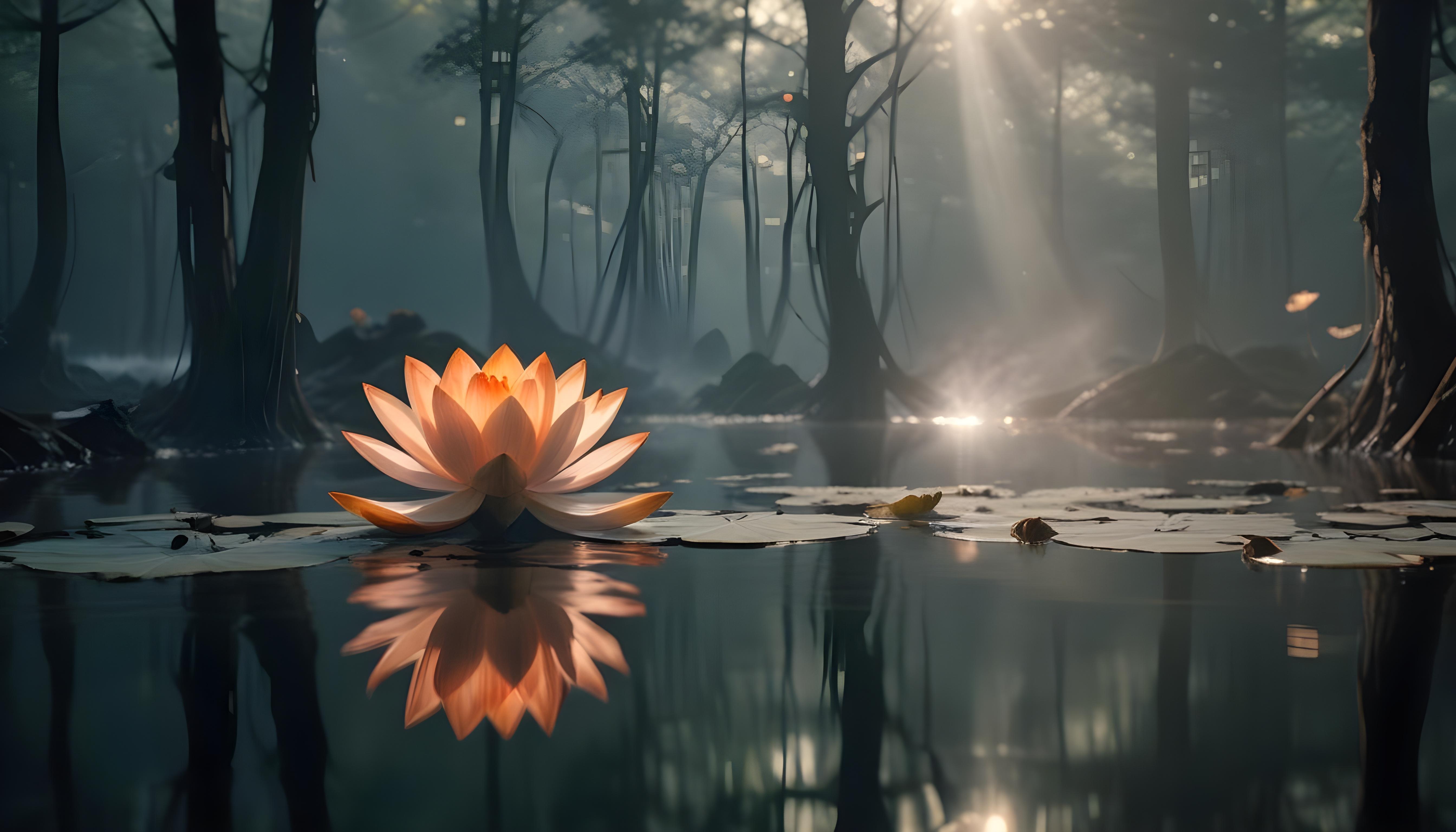Mystical Lotus Flower on Serene Lake with Foggy Forest Landscape Background