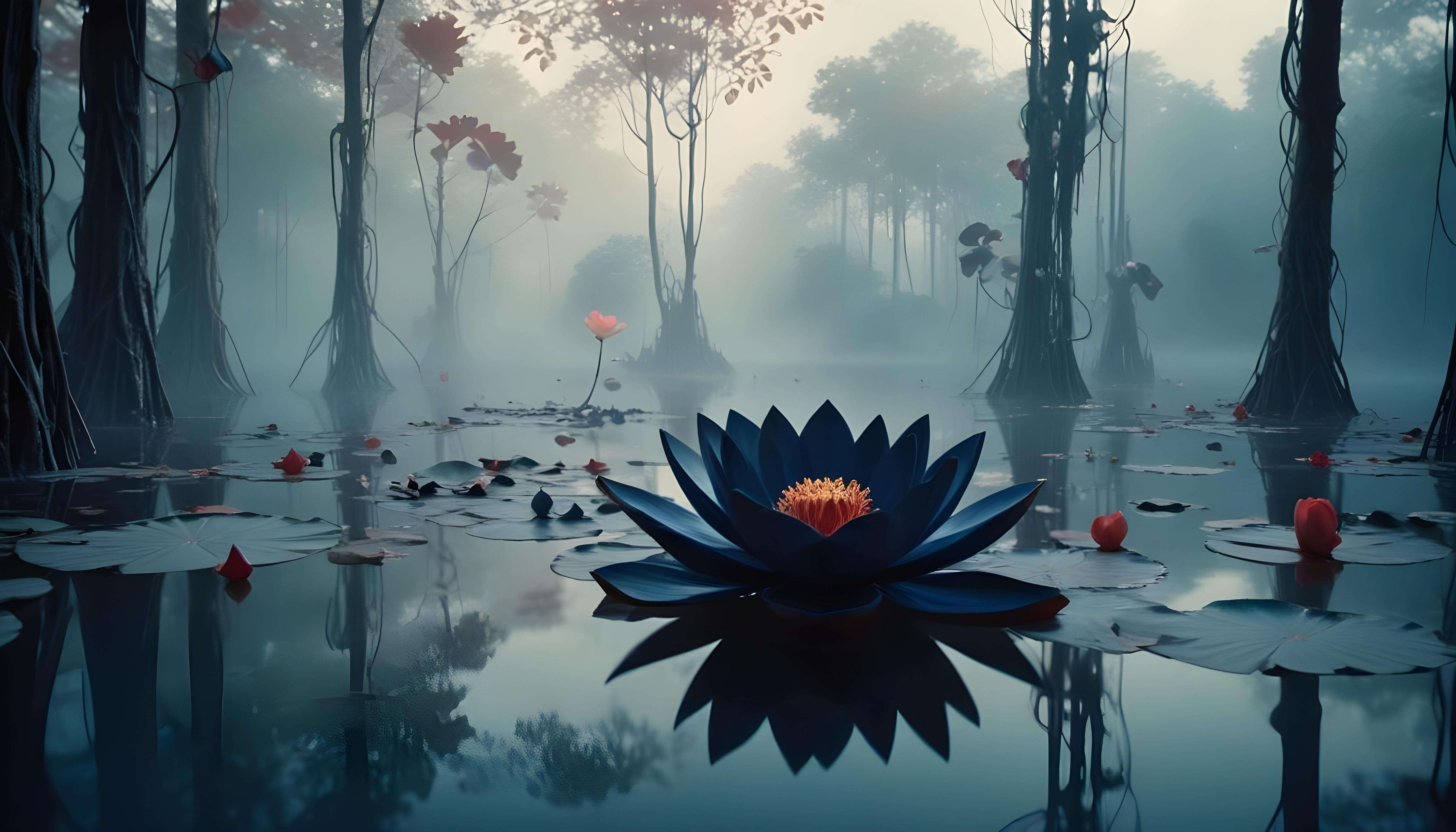 Mystical Lotus Flower on Serene Lake with Foggy Forest Landscape Background