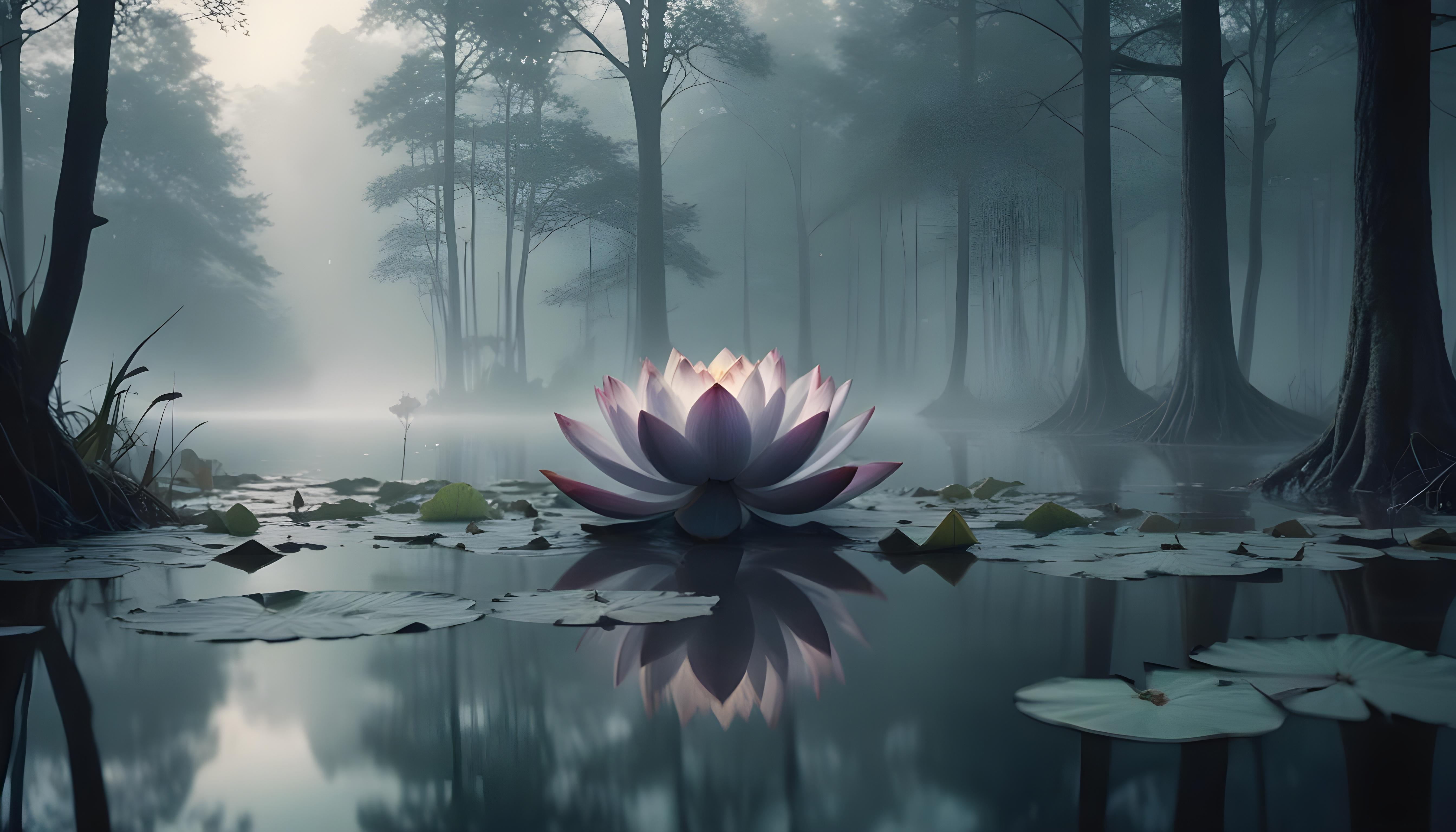 Mystical Lotus Flower on Serene Lake with Foggy Forest Landscape Background