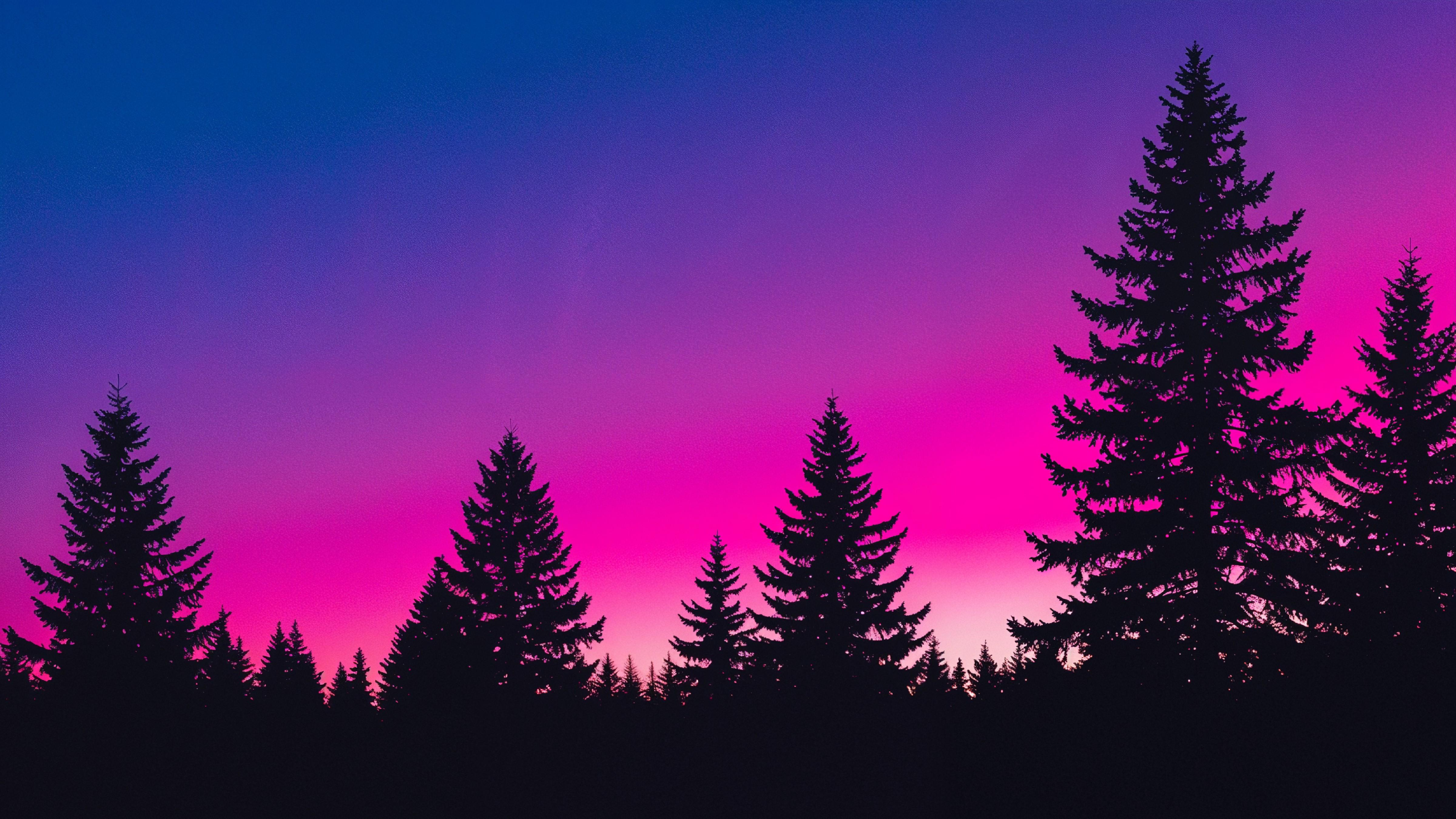 Neon Gradient Forest Silhouette Landscape with Retro Aesthetic Sunset Background