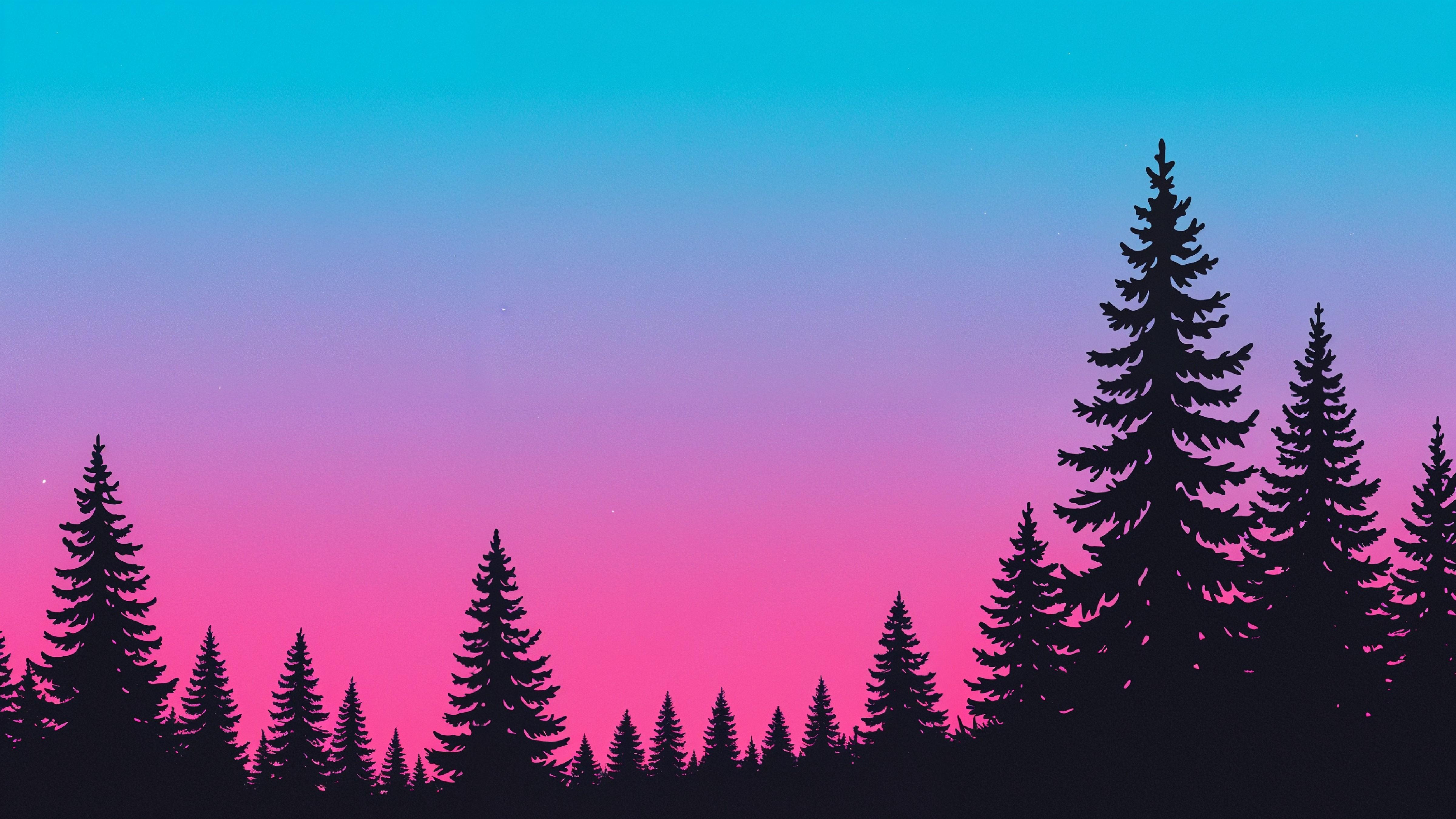 Neon Gradient Forest Silhouette Landscape with Retro Aesthetic Sunset Background