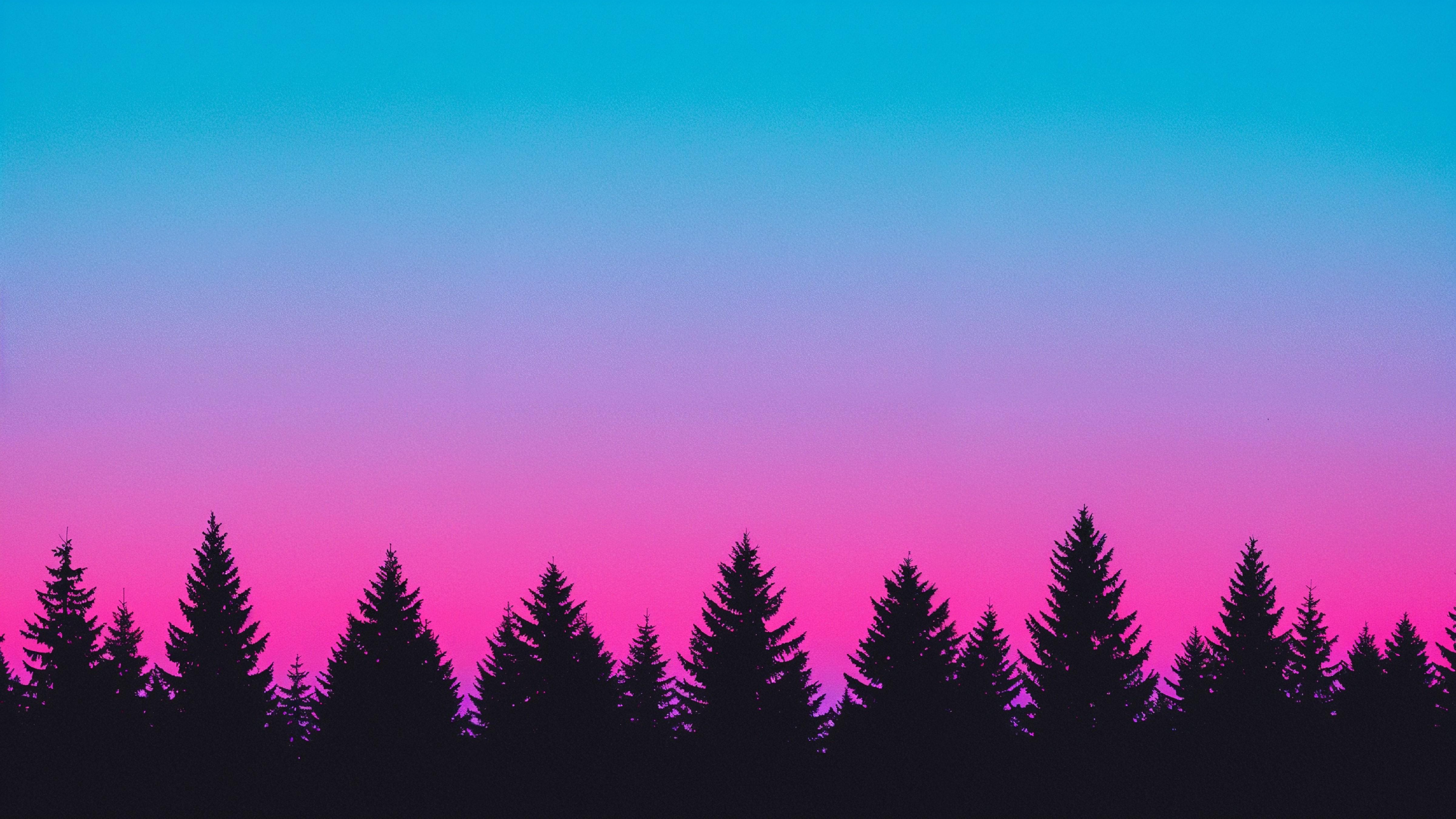 Neon Gradient Forest Silhouette Landscape with Retro Aesthetic Sunset Background