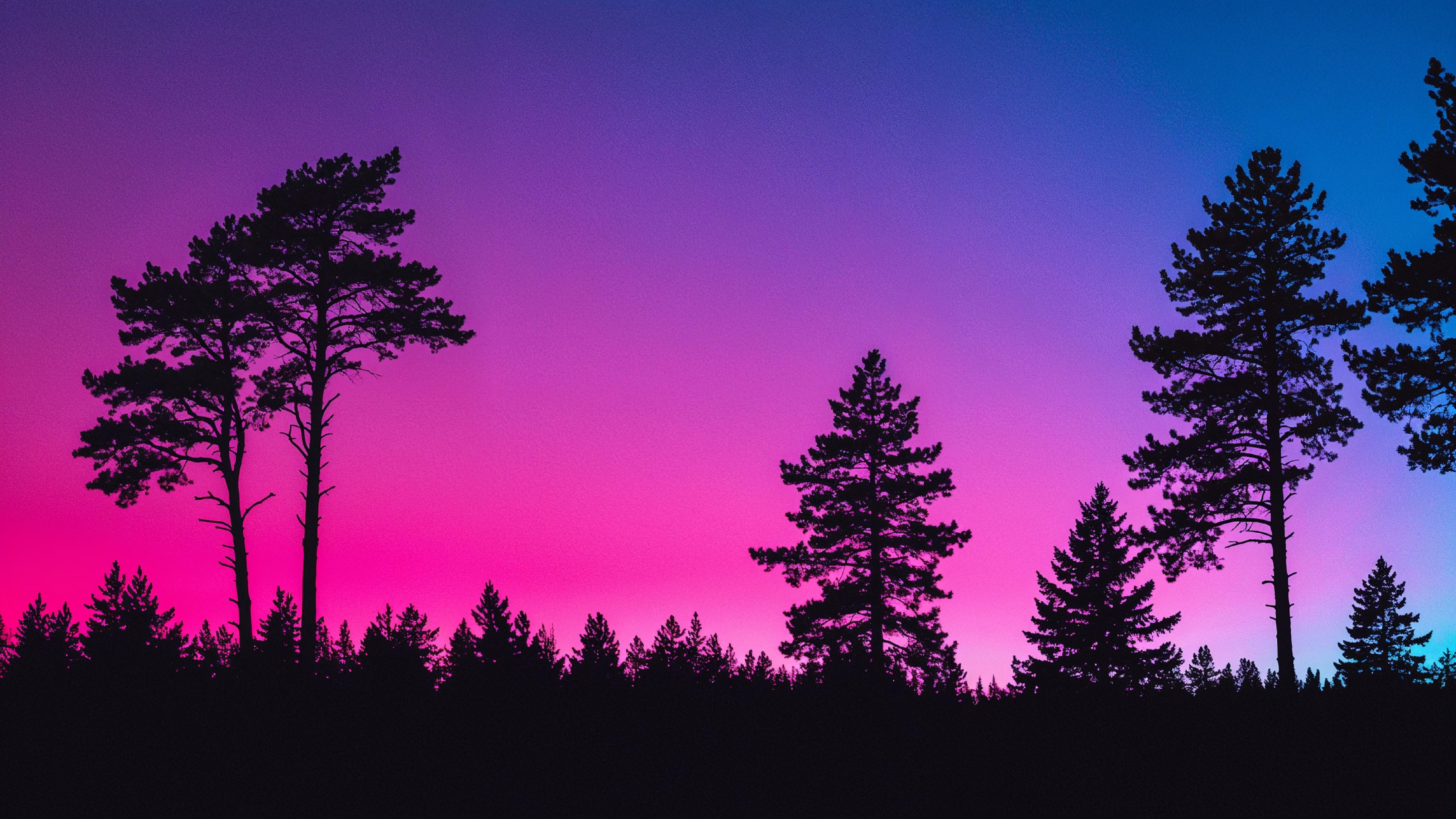 Neon Gradient Forest Silhouette Landscape with Retro Aesthetic Sunset Background