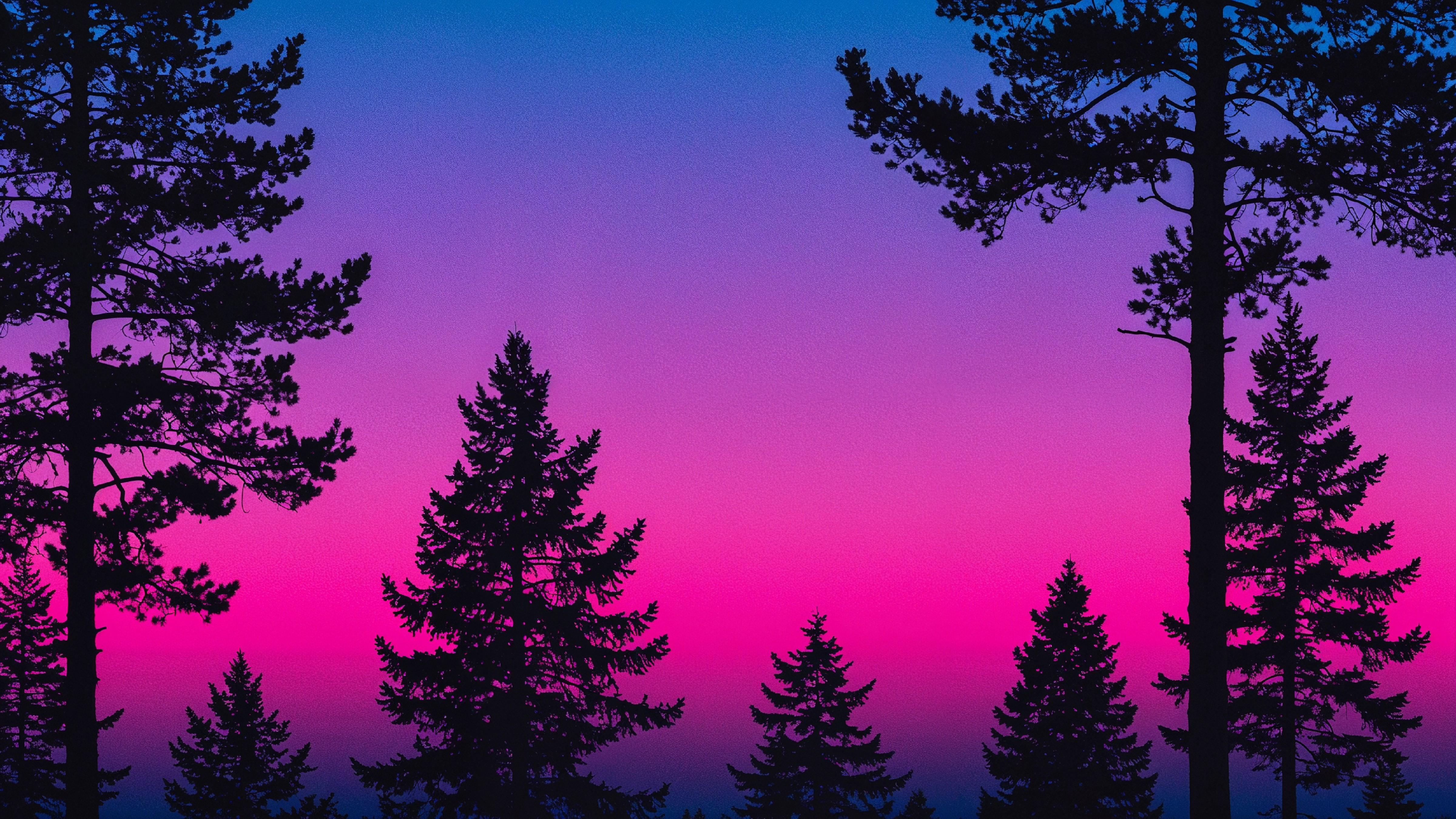 Neon Gradient Forest Silhouette Landscape with Retro Aesthetic Sunset Background