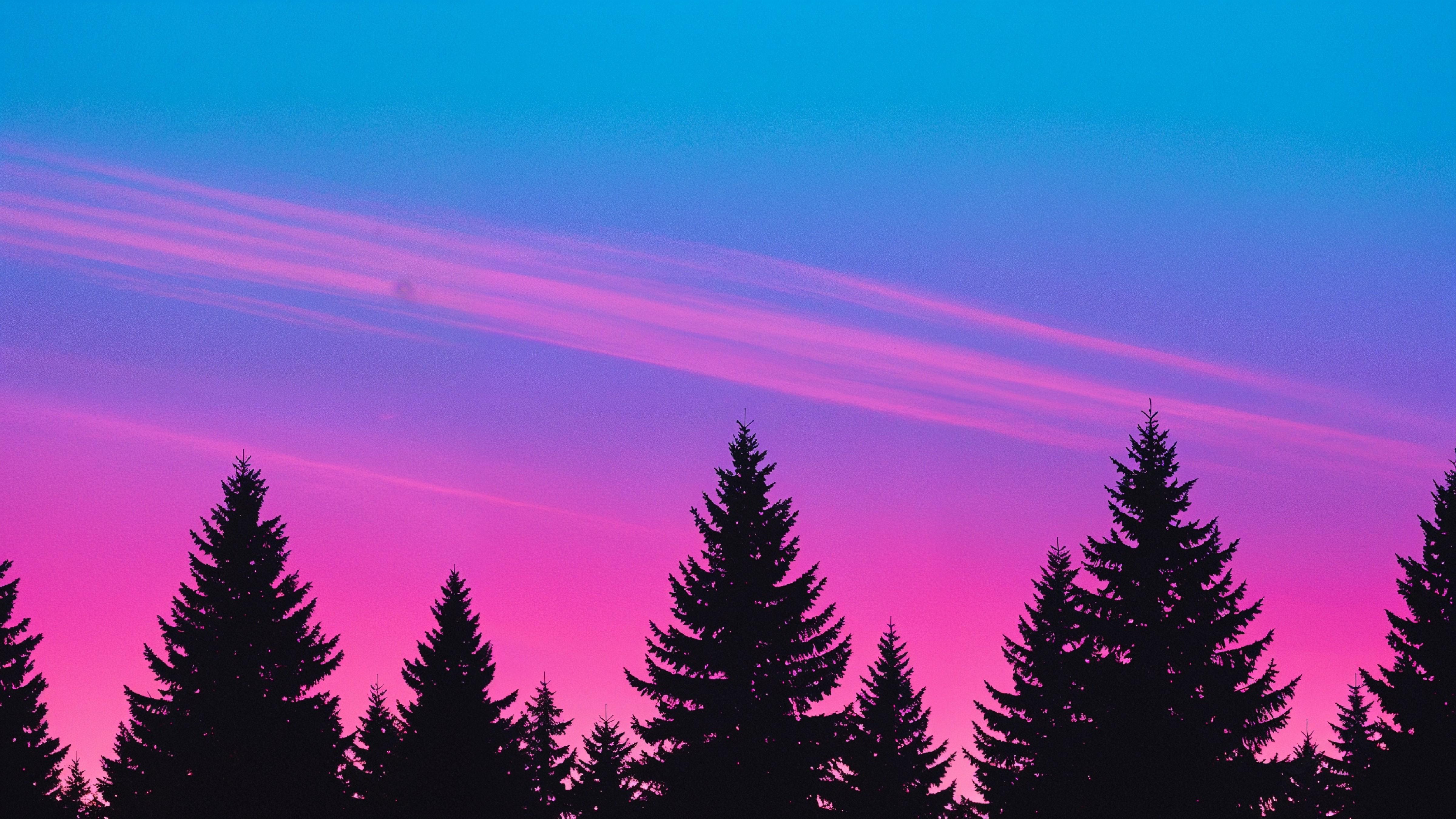 Neon Gradient Forest Silhouette Landscape with Retro Aesthetic Sunset Background